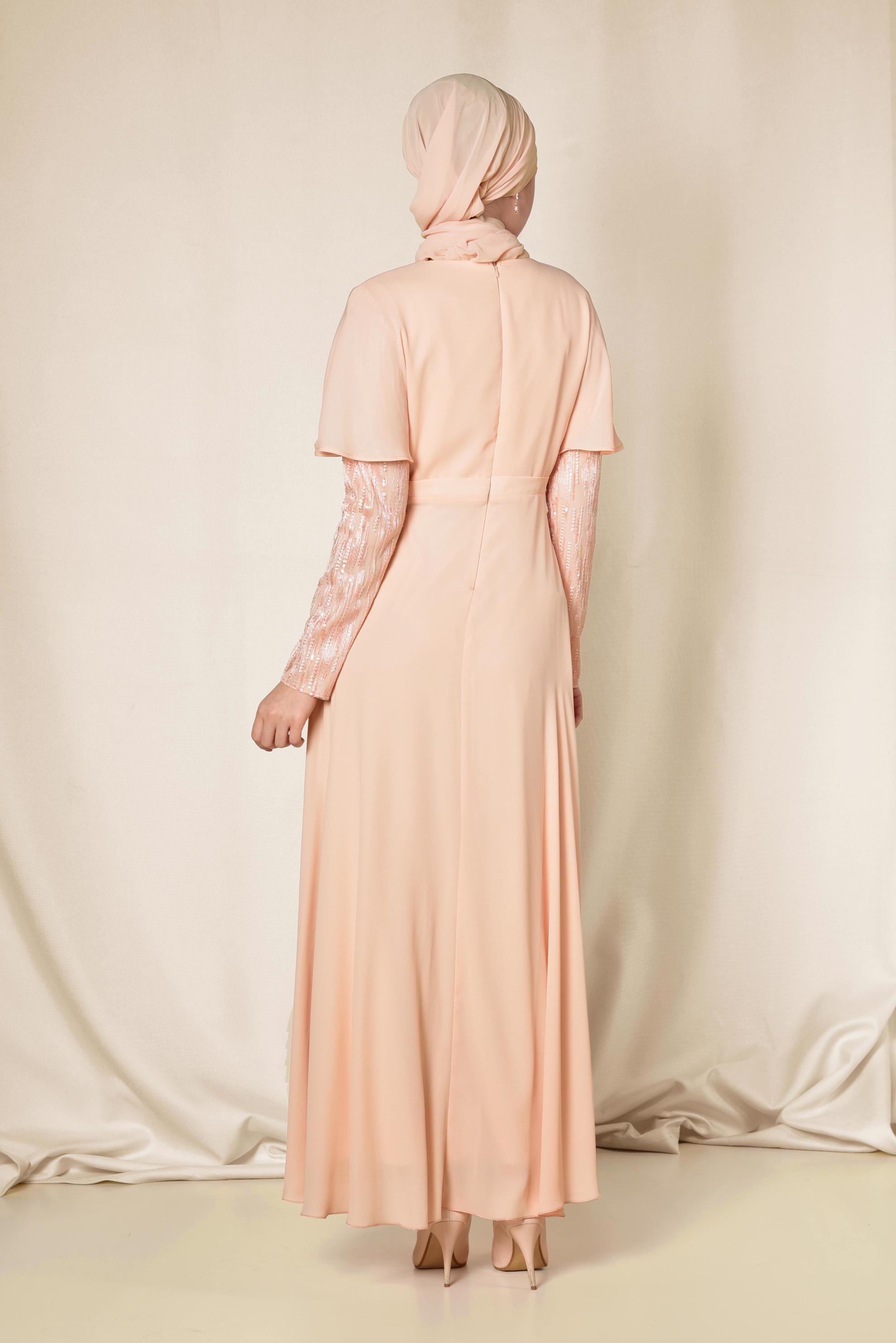 Tesettür giyim PUDRA VOLANLI ŞİFON ELBİSE 4927