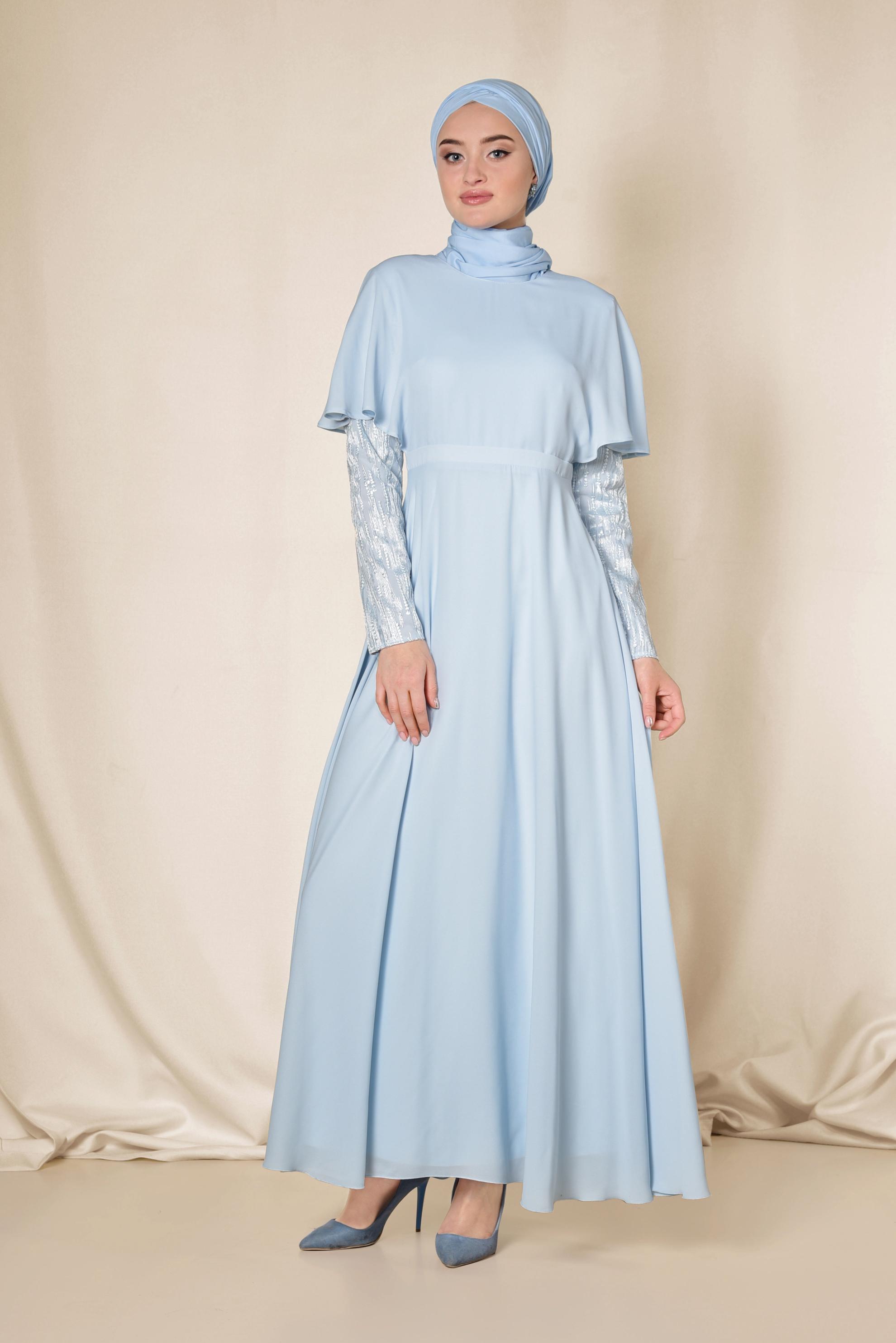 Tesettür giyim MAVİ VOLANLI ŞİFON ELBİSE 4927