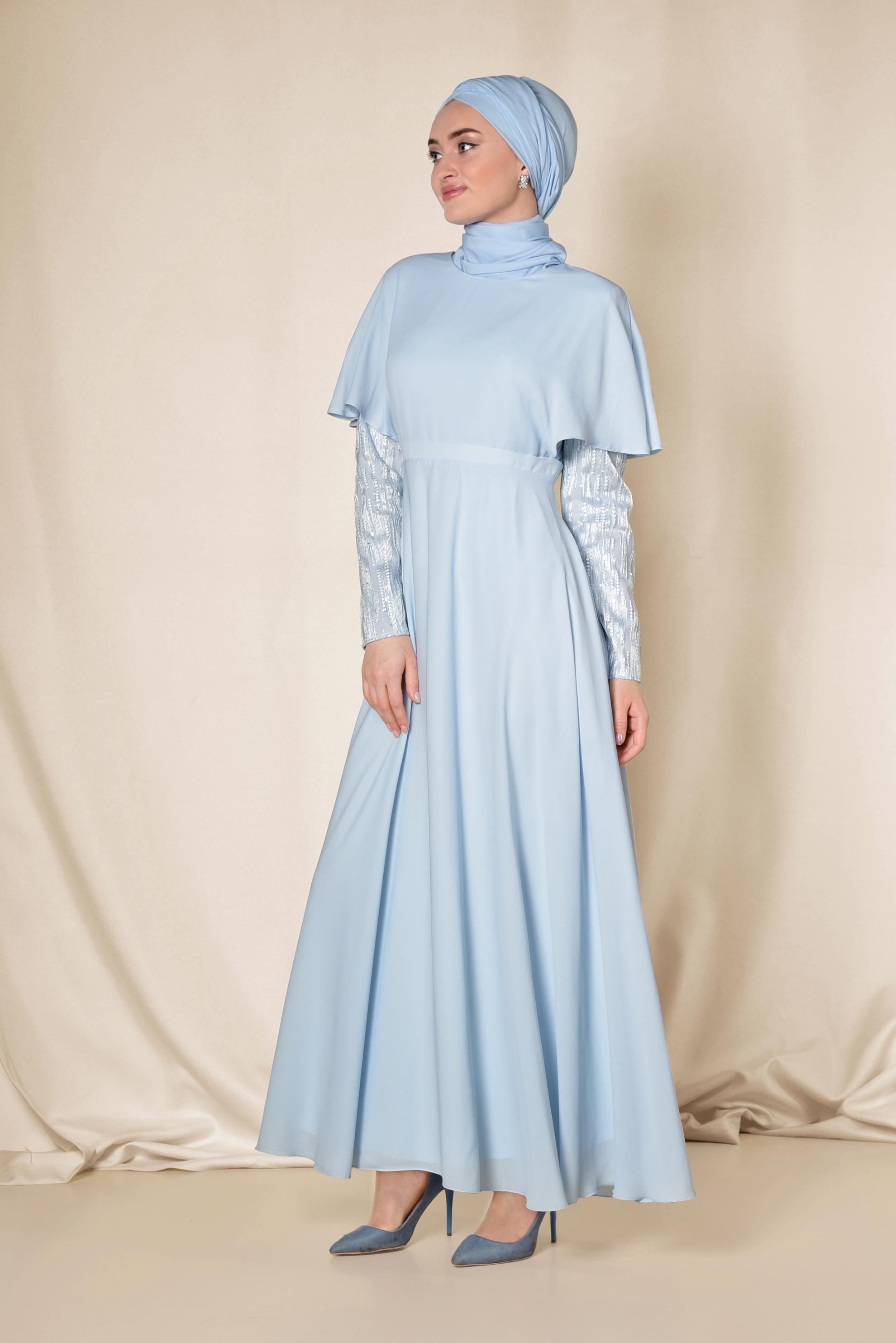 Tesettür giyim MAVİ VOLANLI ŞİFON ELBİSE 4927