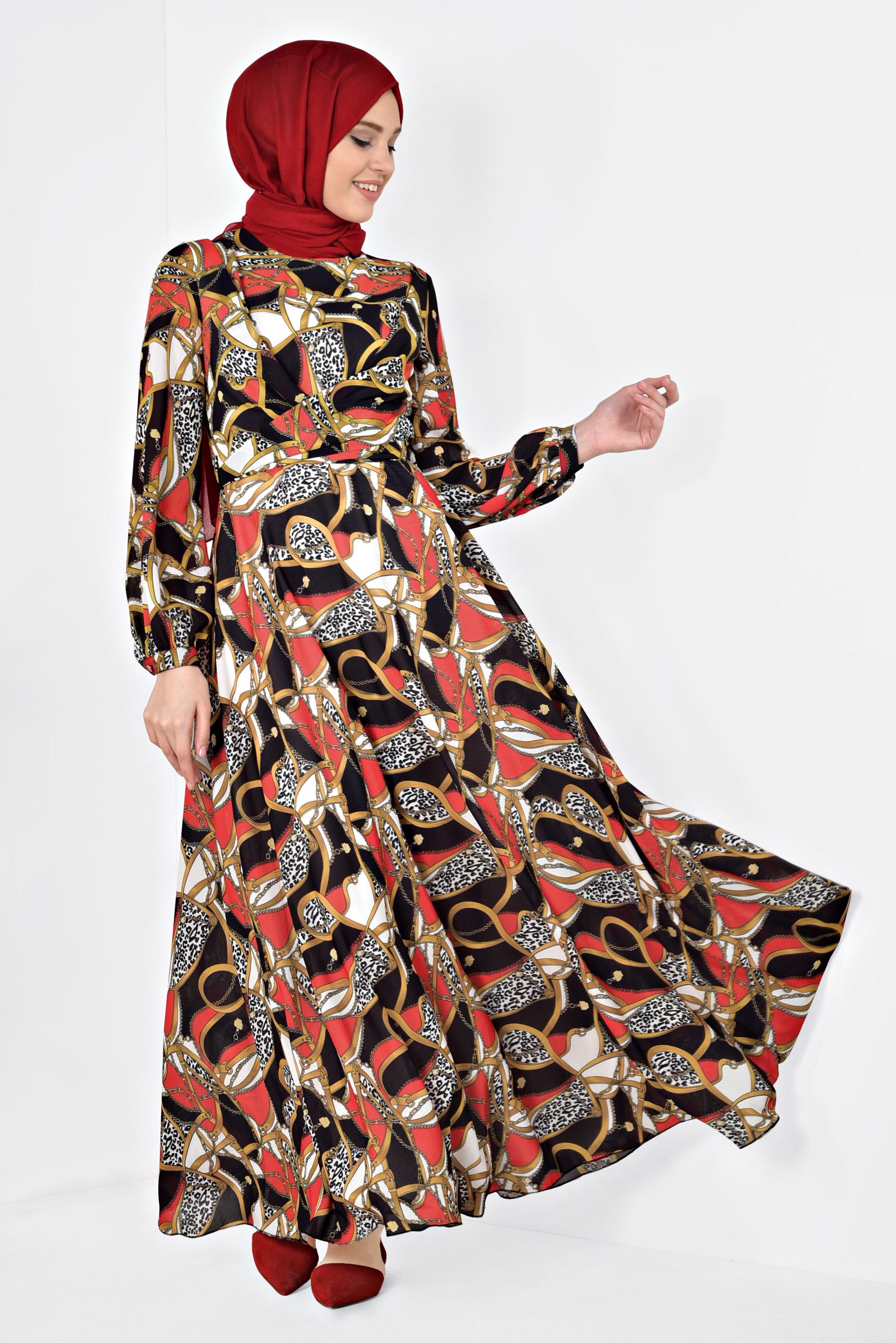 Tesettür giyim KIRMIZI DESENLİ BALON KOL ELBİSE 4928