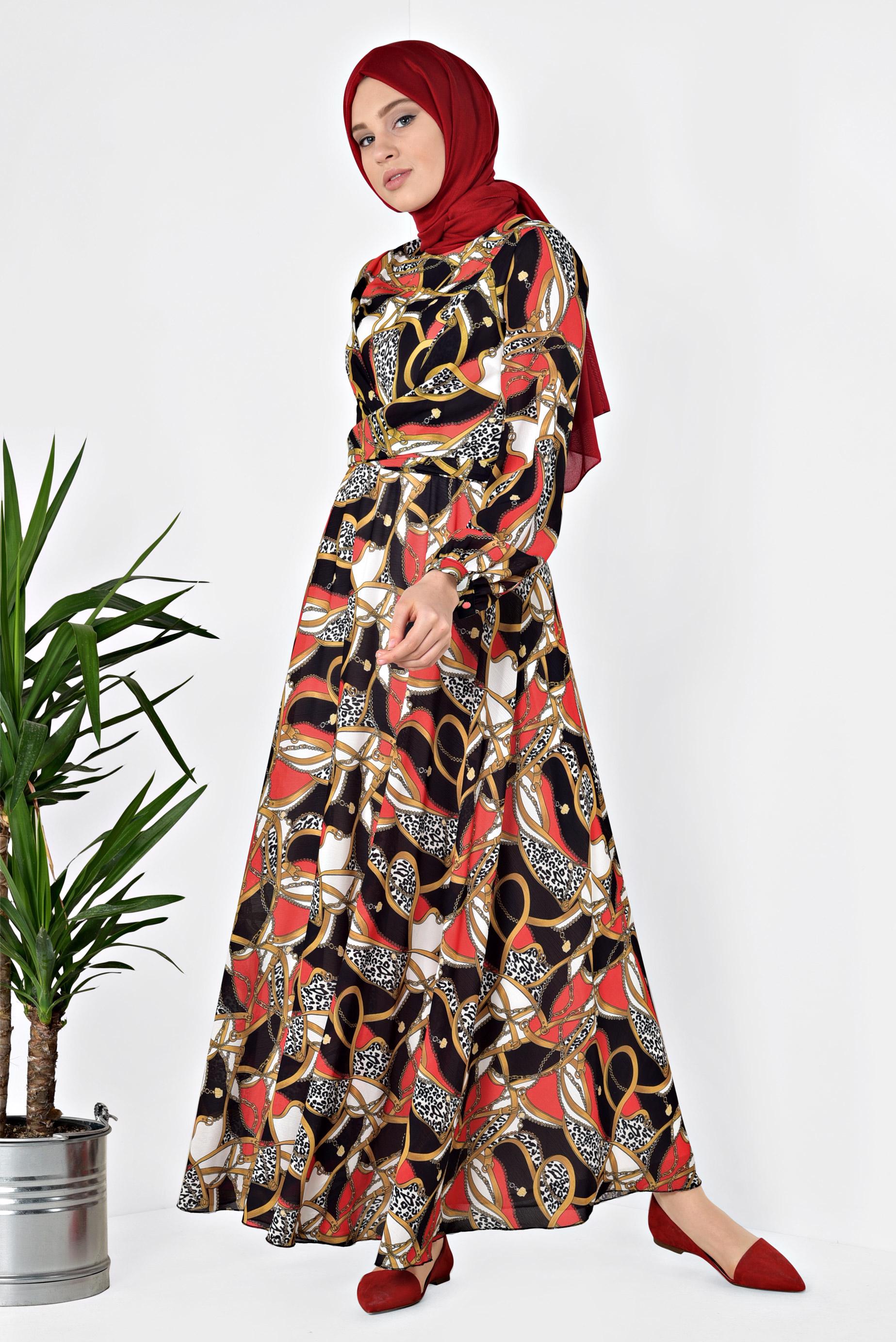 Tesettür giyim KIRMIZI DESENLİ BALON KOL ELBİSE 4928
