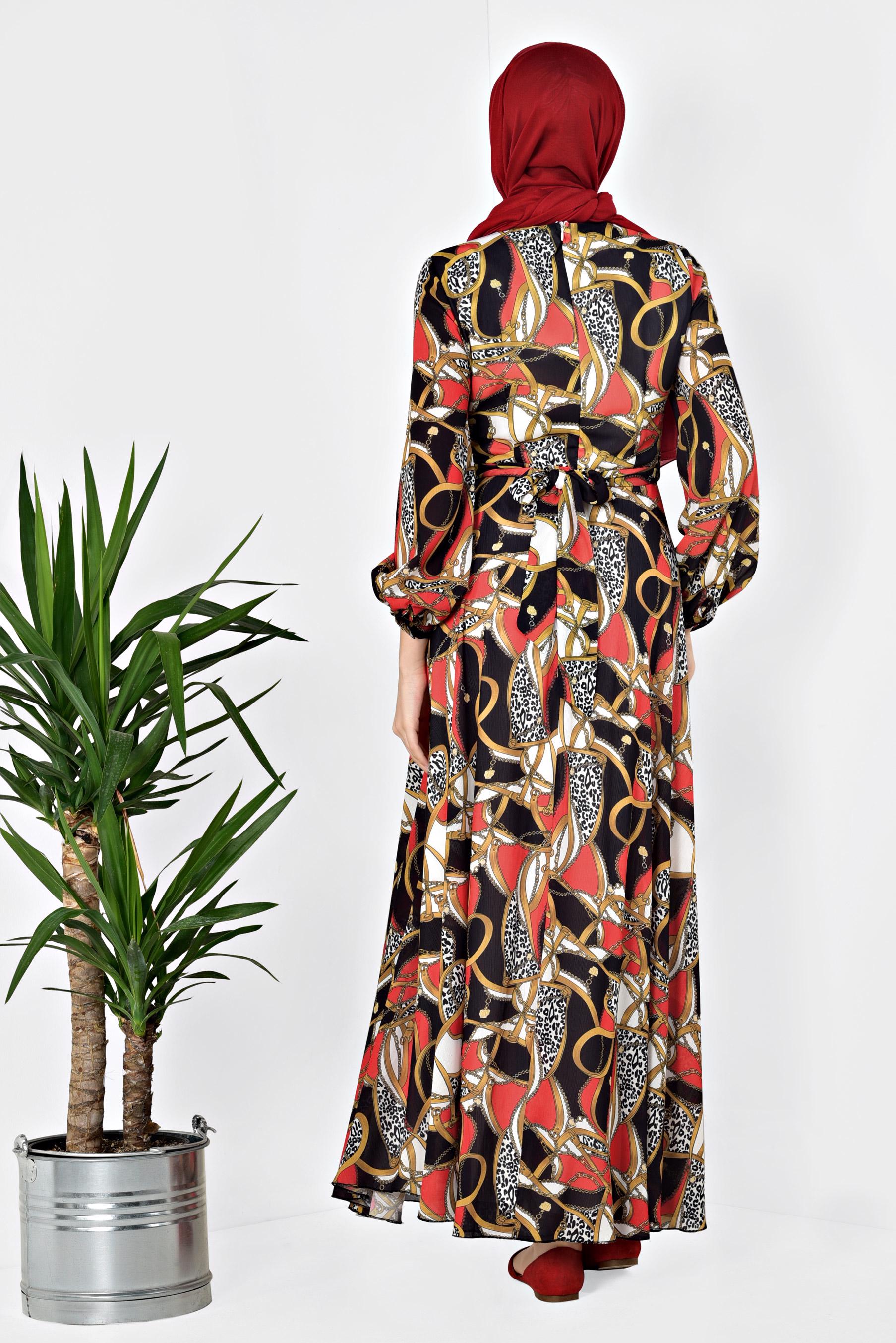 Tesettür giyim KIRMIZI DESENLİ BALON KOL ELBİSE 4928