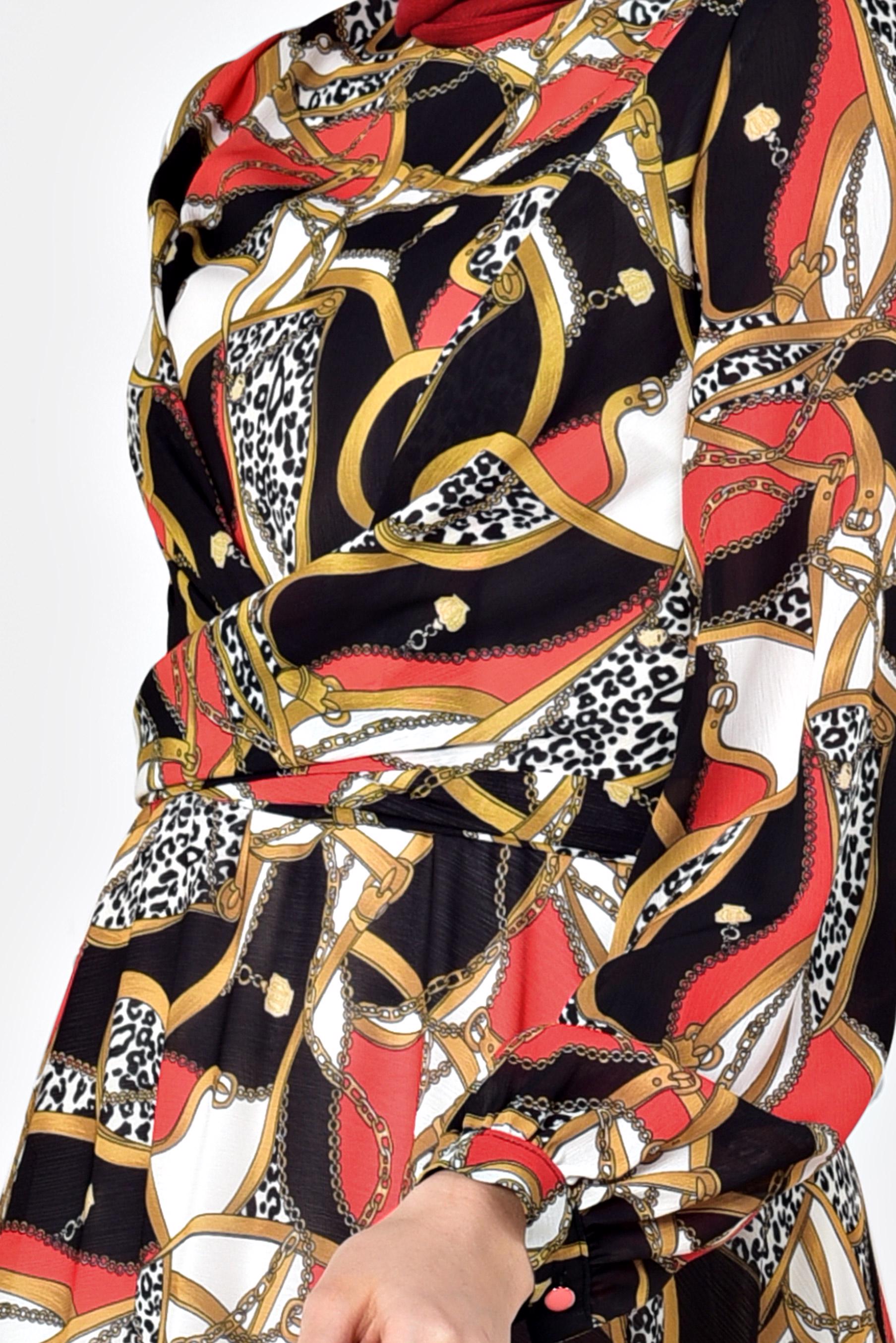 Tesettür giyim KIRMIZI DESENLİ BALON KOL ELBİSE 4928