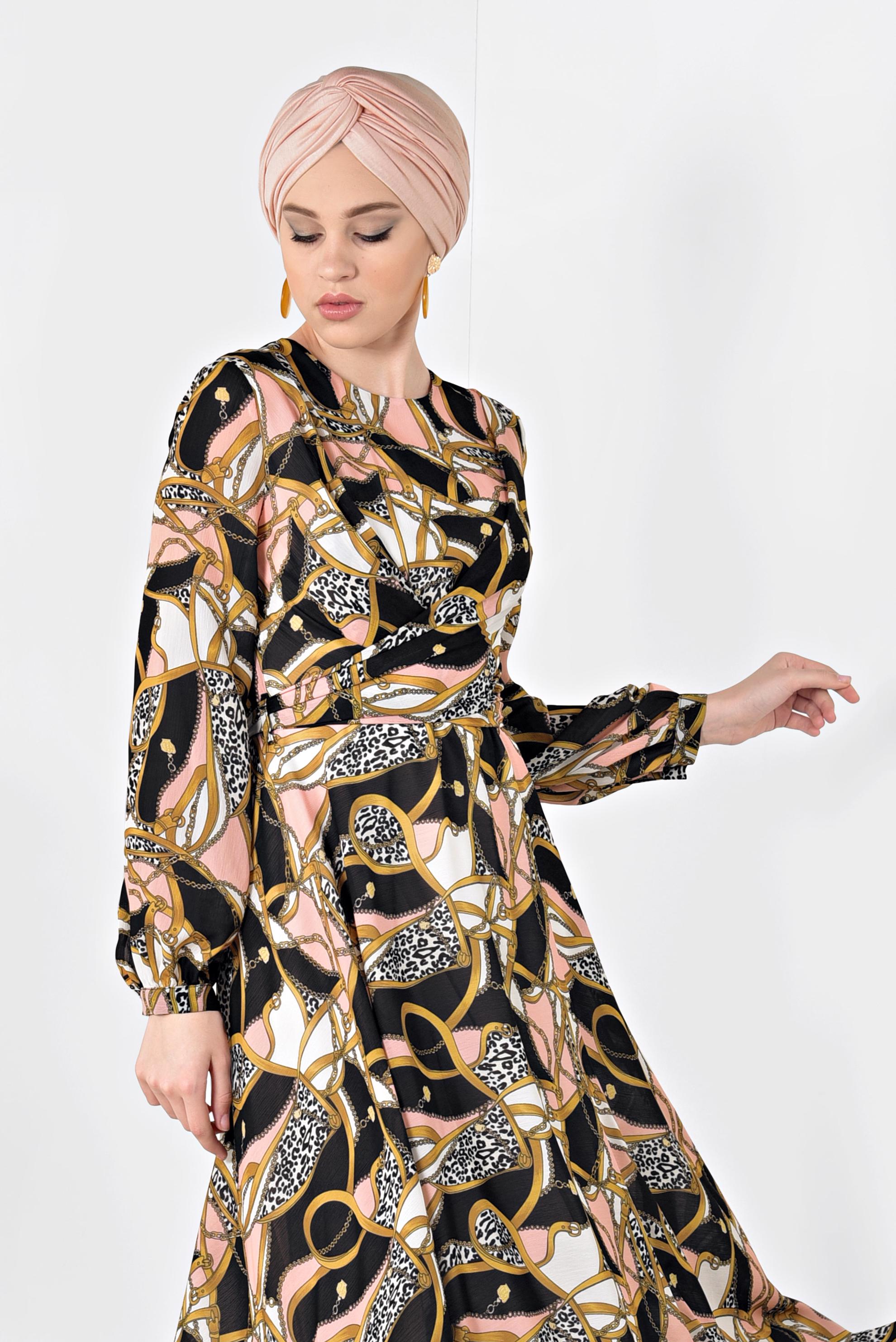 Tesettür giyim PUDRA DESENLİ BALON KOL ELBİSE 4928