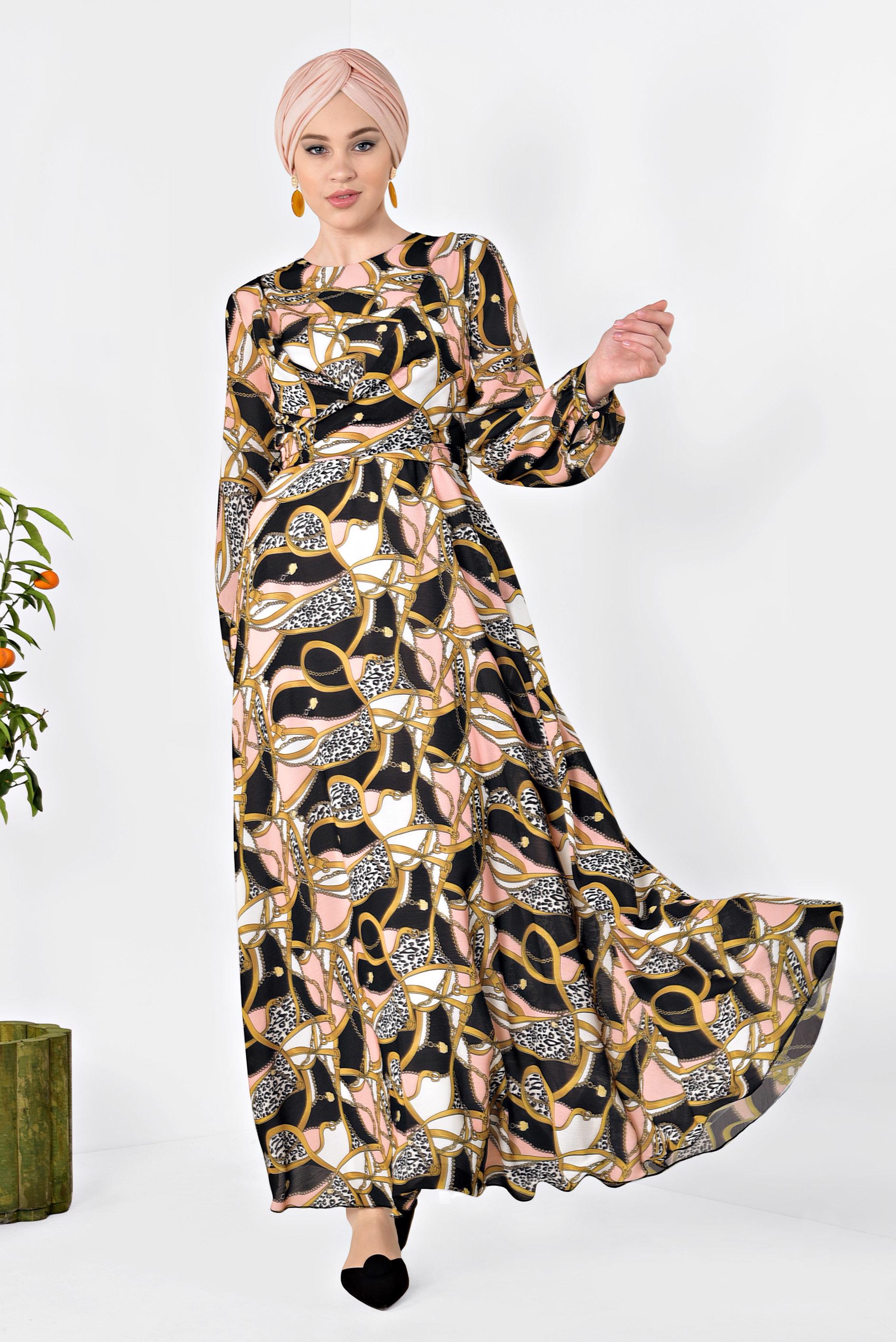 Tesettür giyim PUDRA DESENLİ BALON KOL ELBİSE 4928