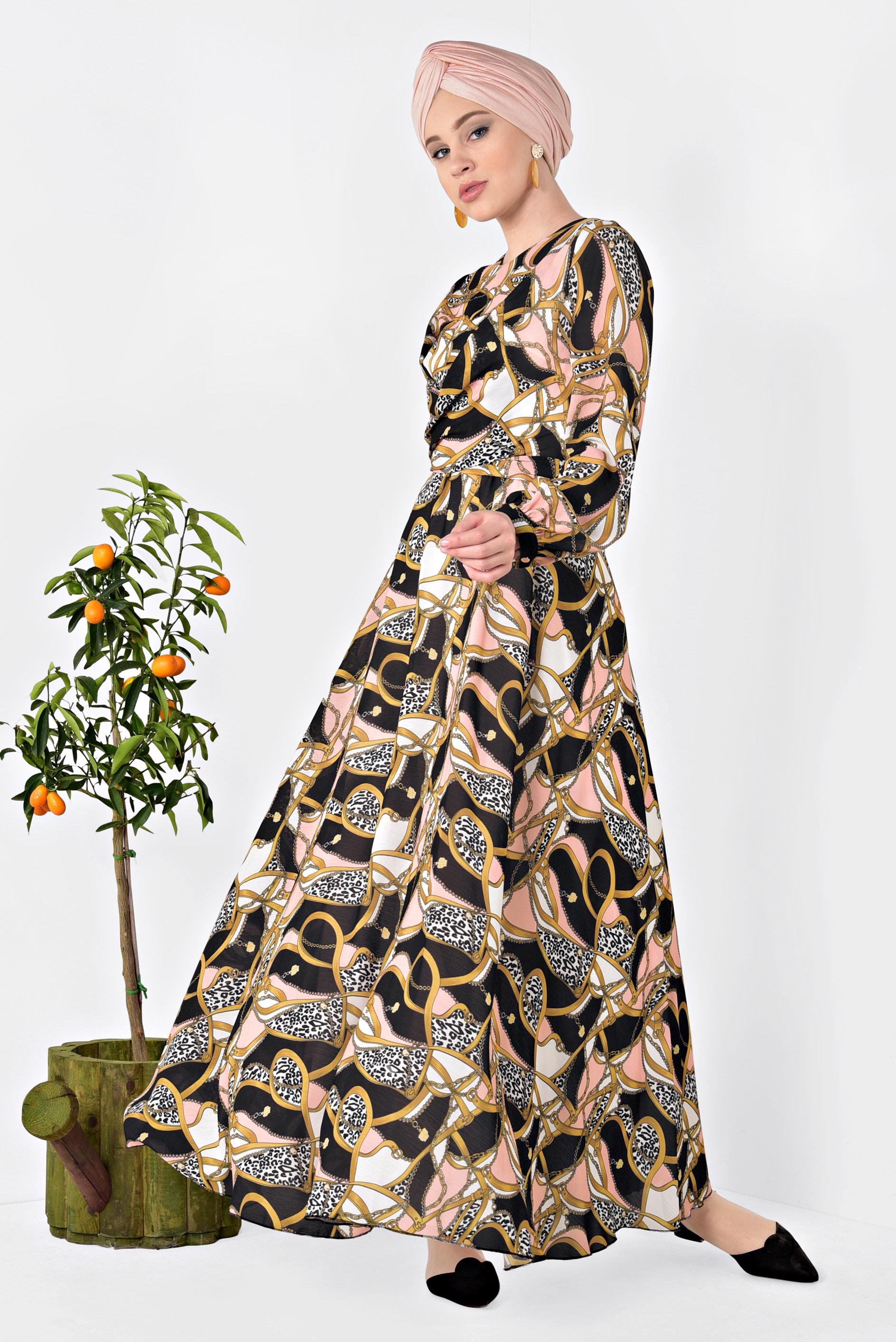 Tesettür giyim PUDRA DESENLİ BALON KOL ELBİSE 4928