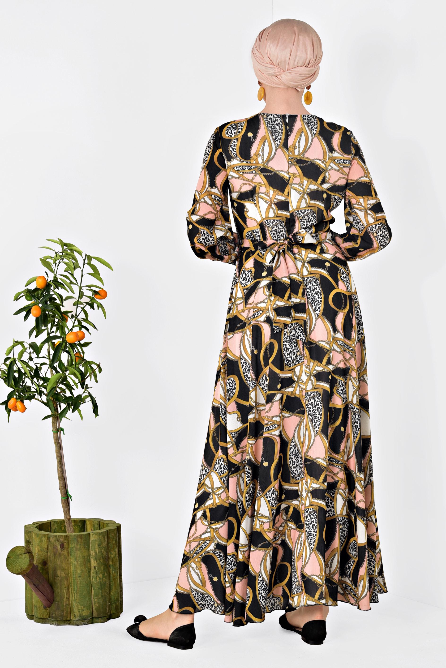 Tesettür giyim PUDRA DESENLİ BALON KOL ELBİSE 4928