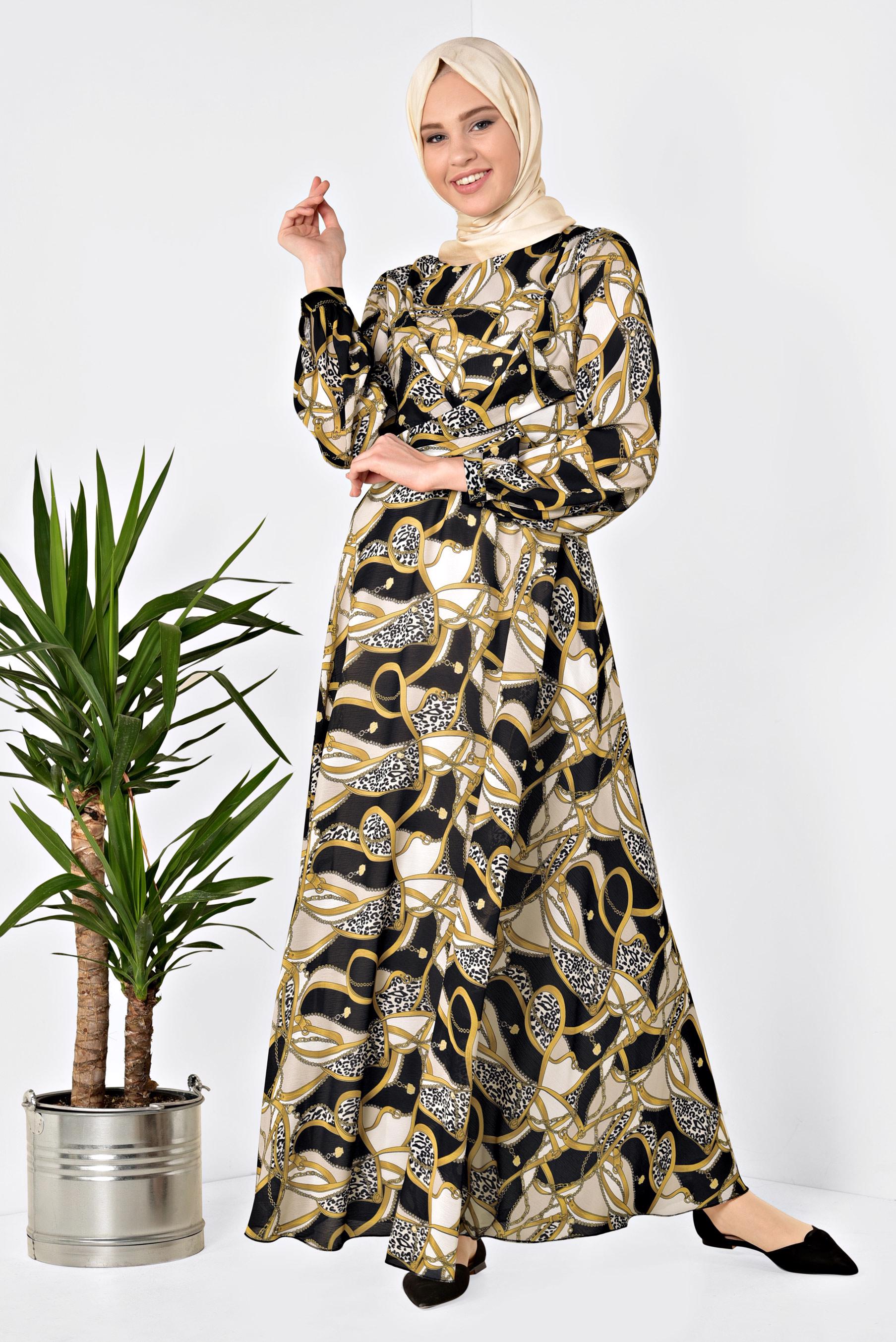 Tesettür giyim SİYAH DESENLİ BALON KOL ELBİSE 4928