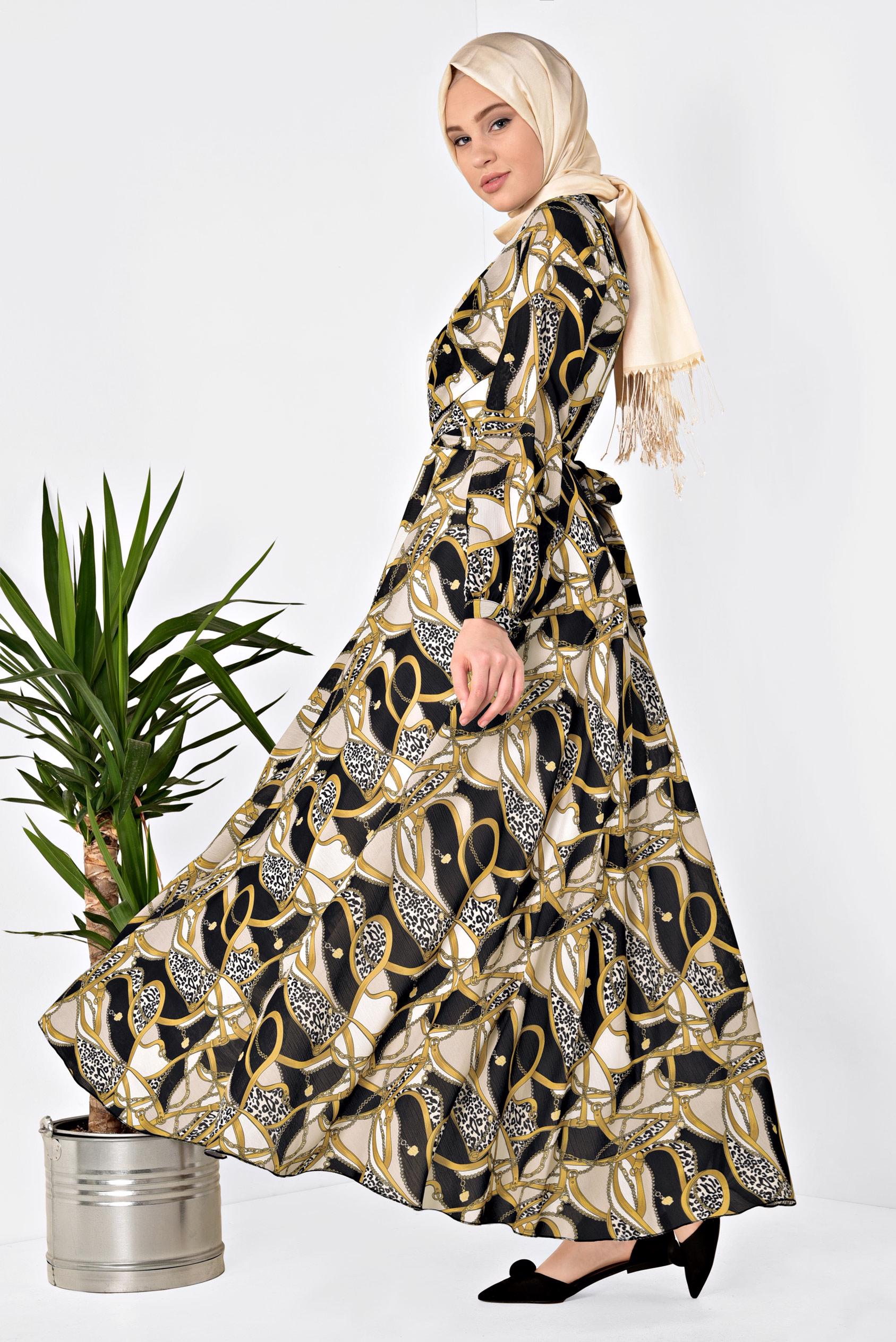 Tesettür giyim SİYAH DESENLİ BALON KOL ELBİSE 4928