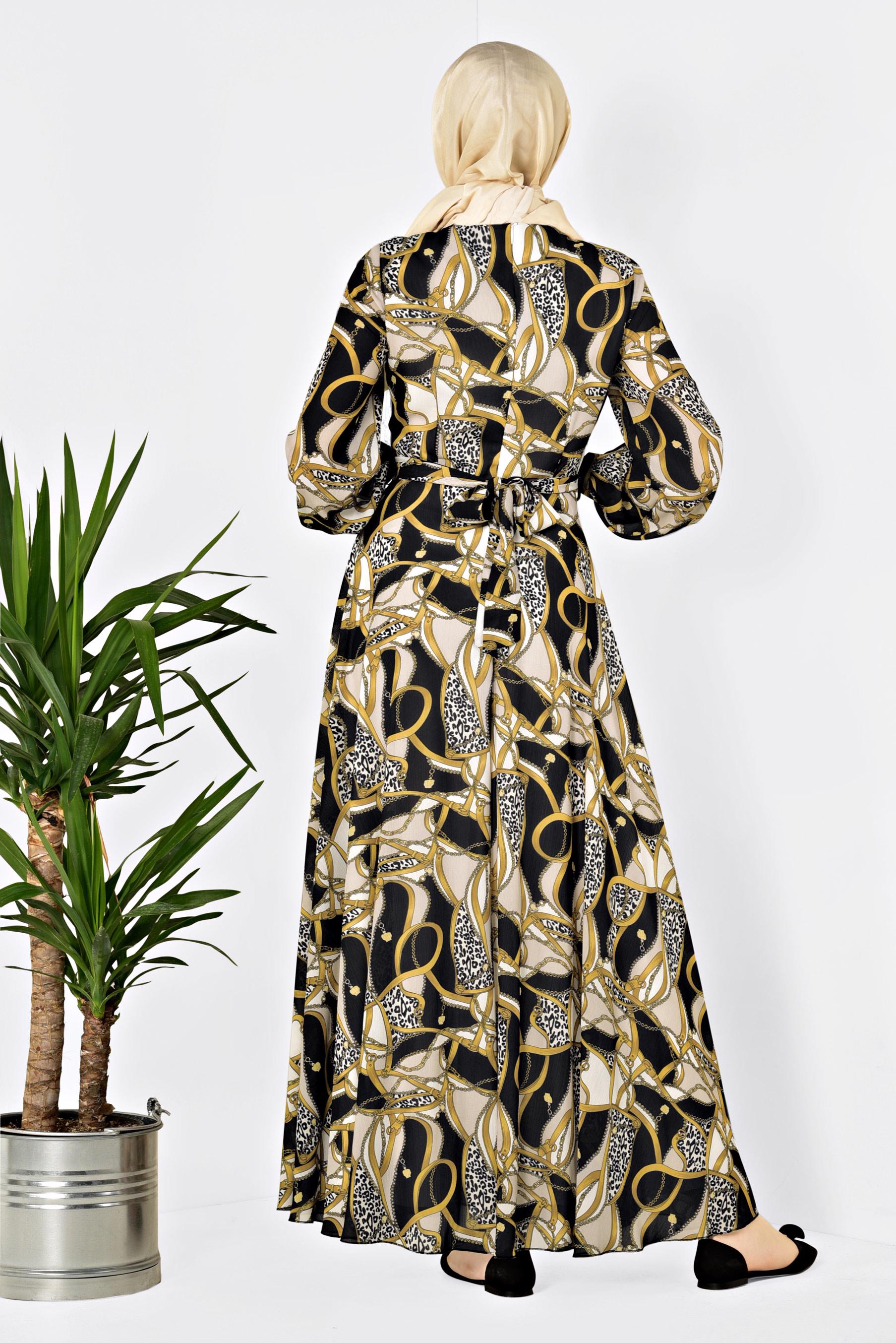 Tesettür giyim SİYAH DESENLİ BALON KOL ELBİSE 4928