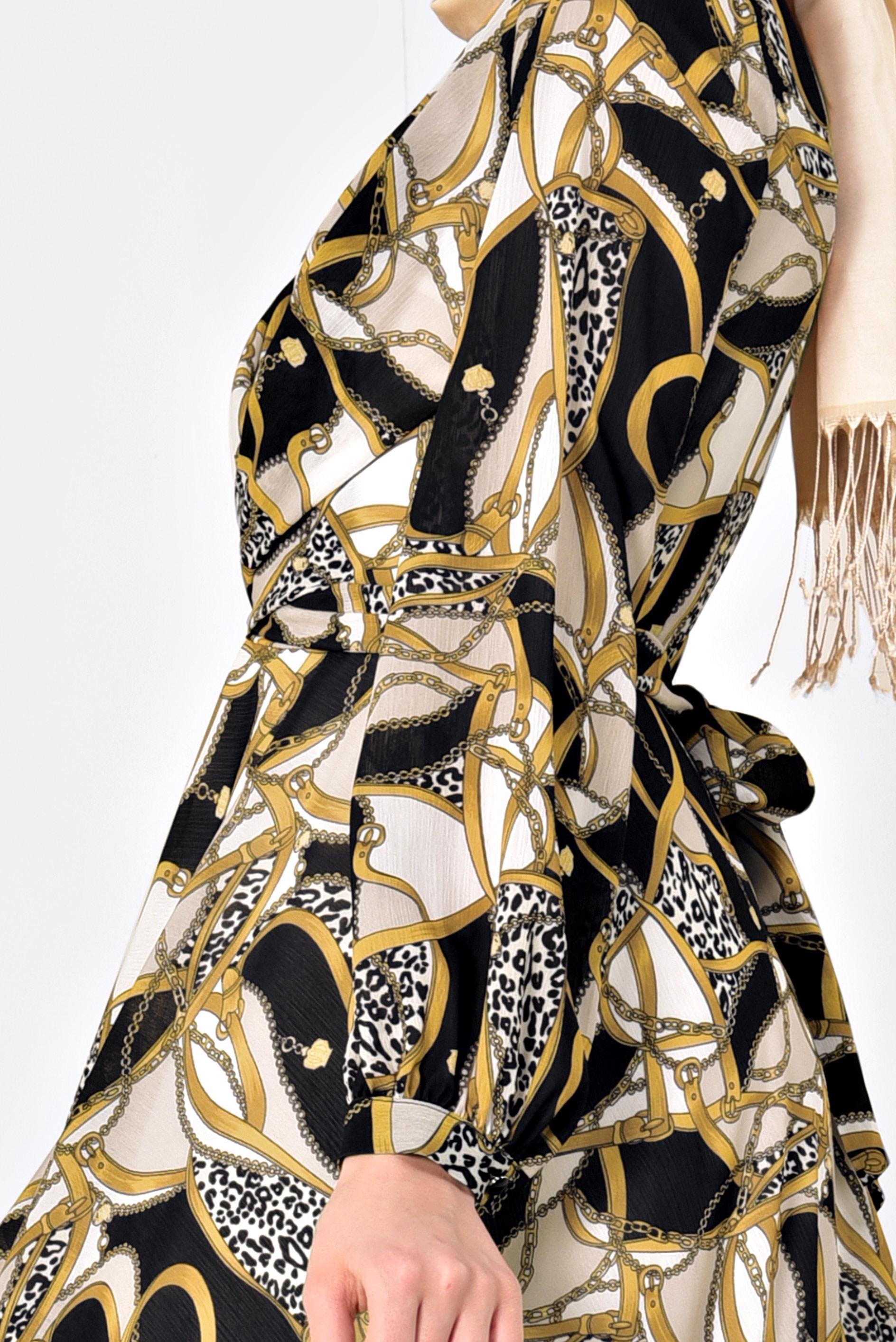 Tesettür giyim SİYAH DESENLİ BALON KOL ELBİSE 4928