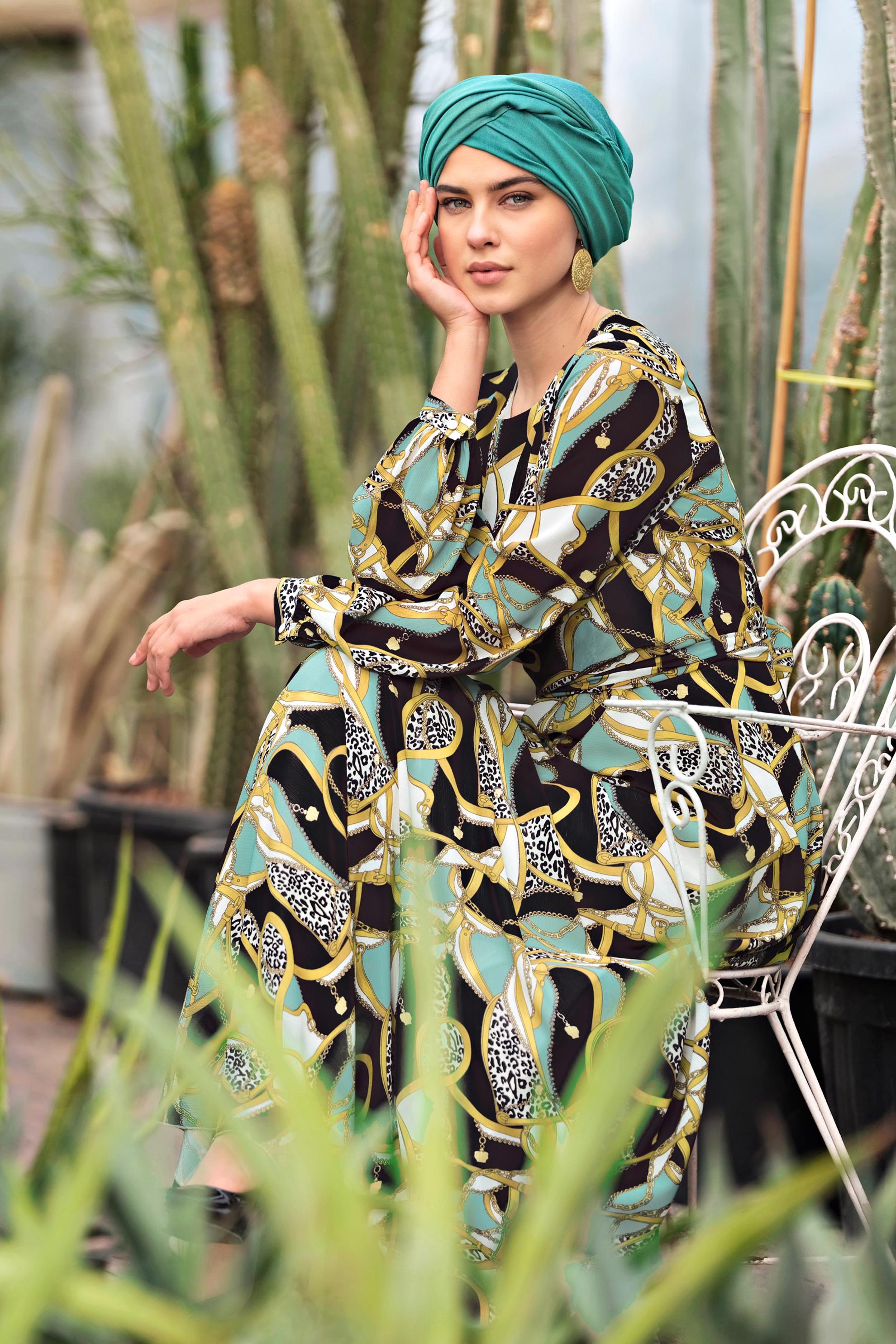 Tesettür giyim YEŞİL DESENLİ BALON KOL ELBİSE 4928