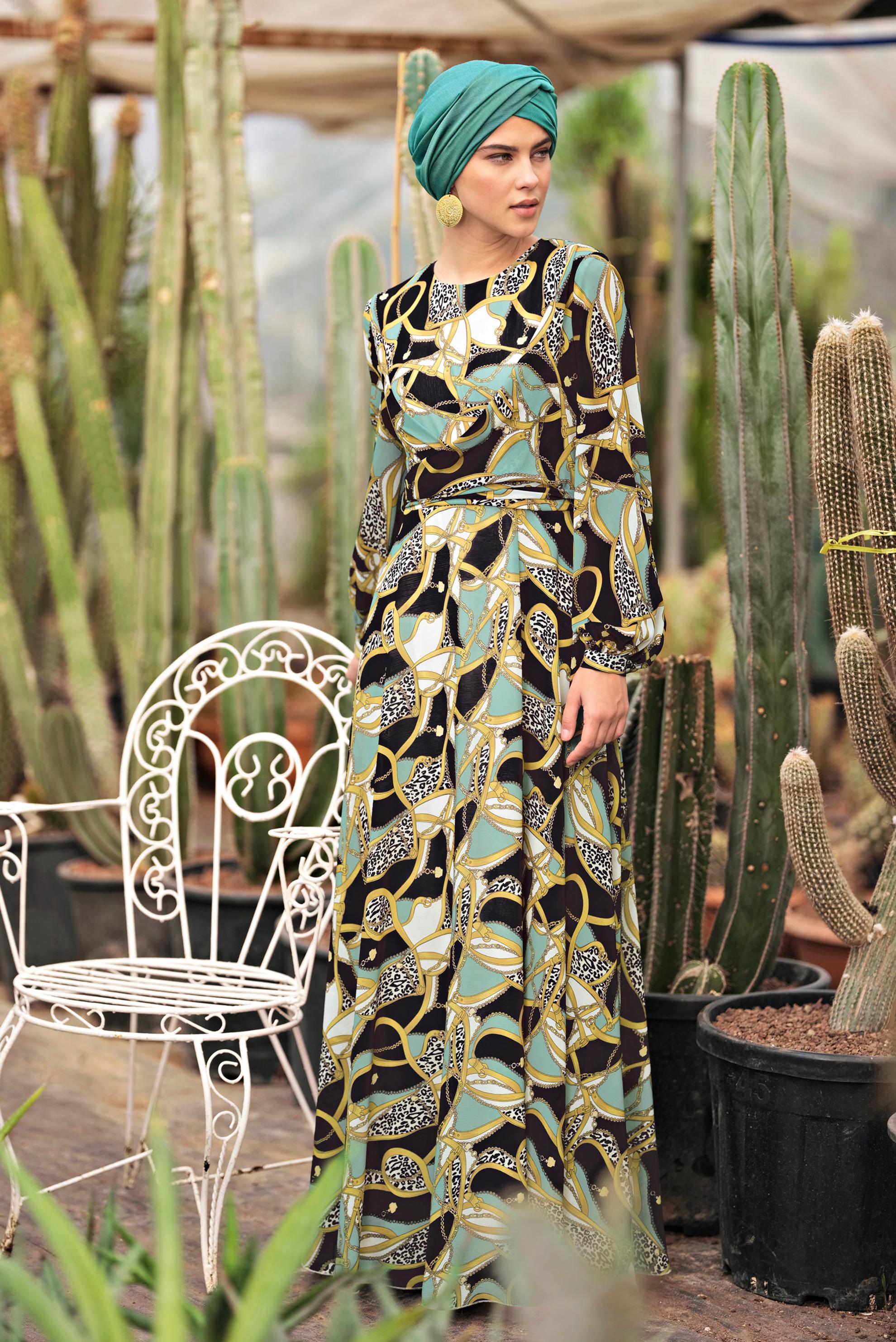 Tesettür giyim YEŞİL DESENLİ BALON KOL ELBİSE 4928