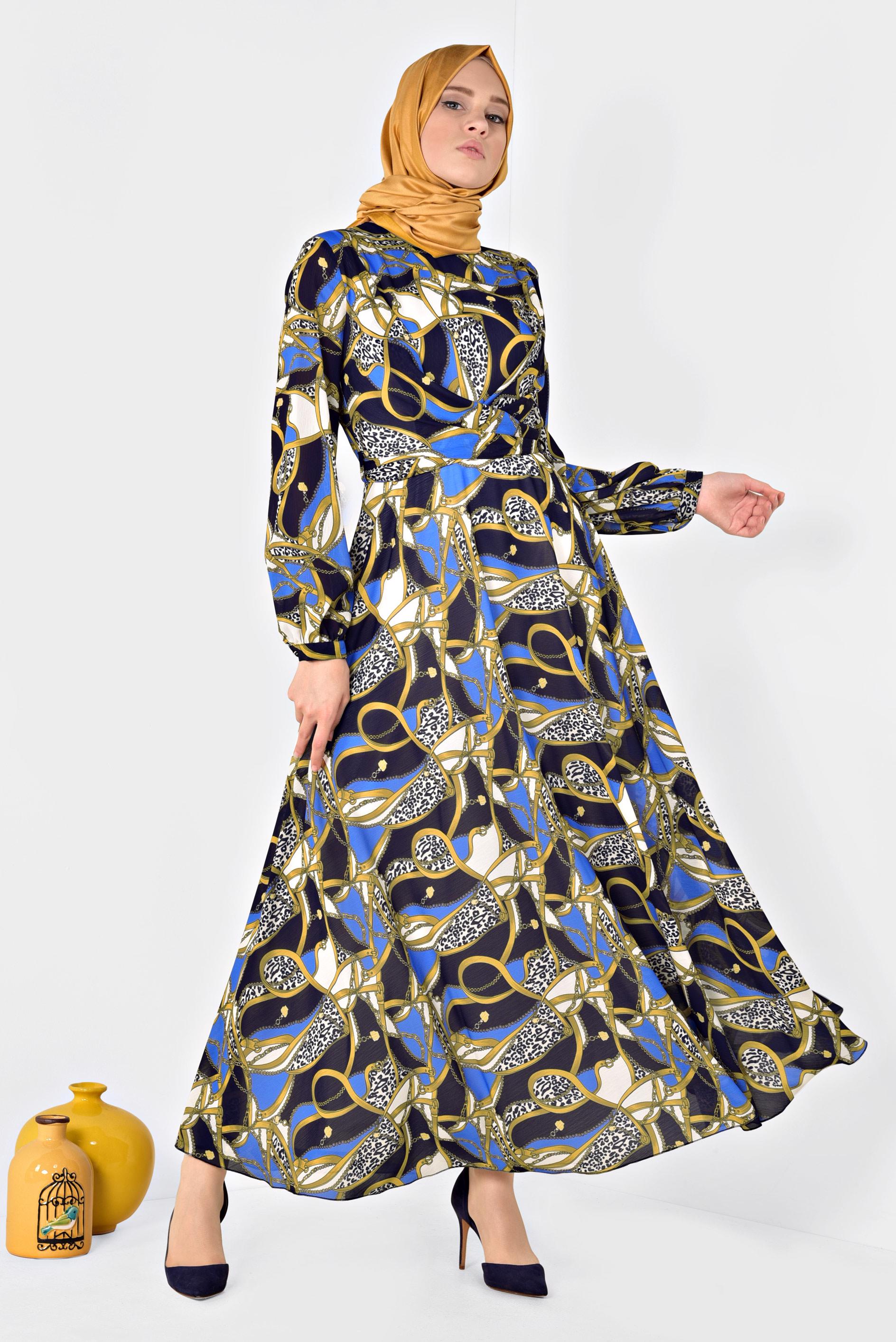 Tesettür giyim LACİVERT DESENLİ BALON KOL ELBİSE 4928