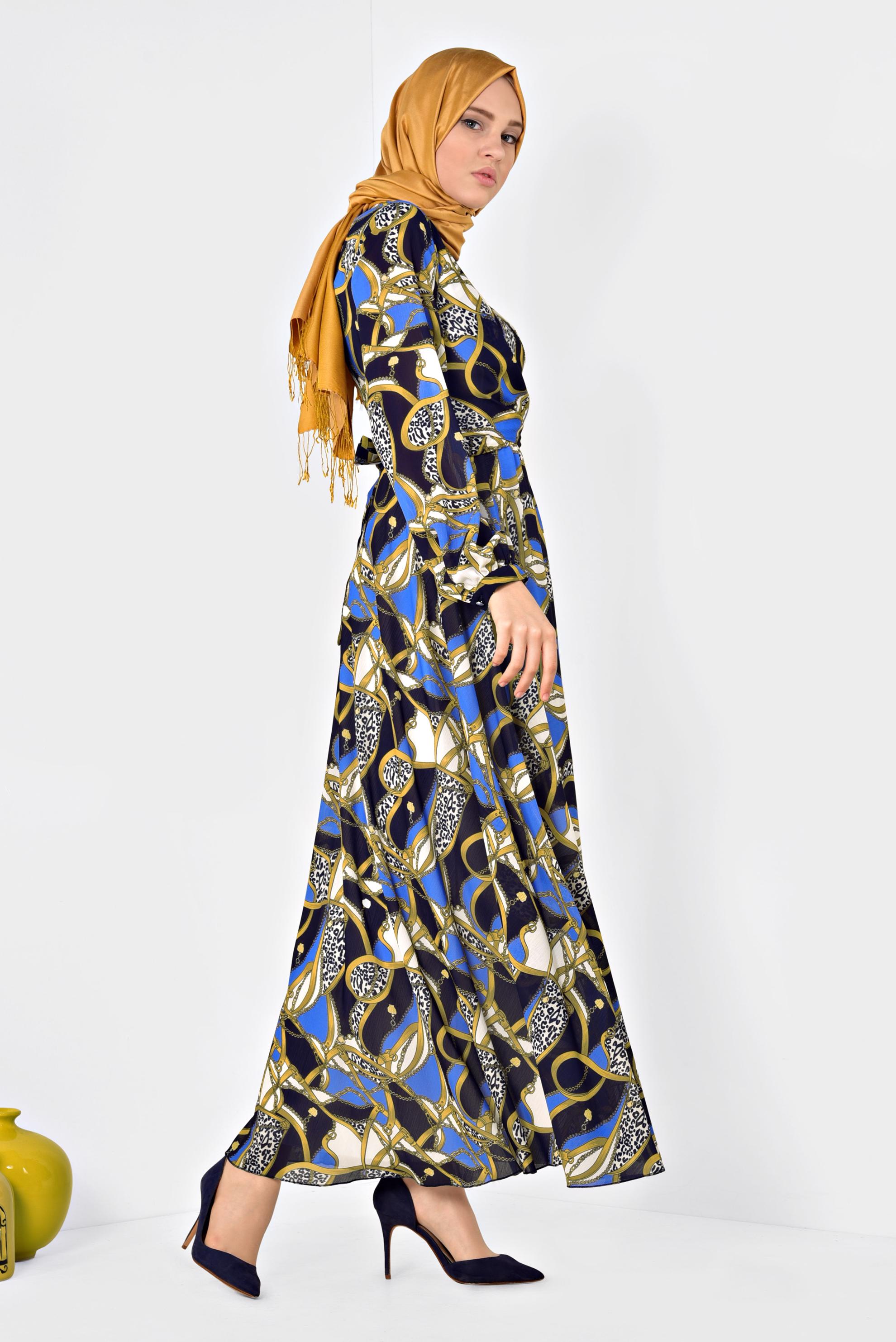 Tesettür giyim LACİVERT DESENLİ BALON KOL ELBİSE 4928