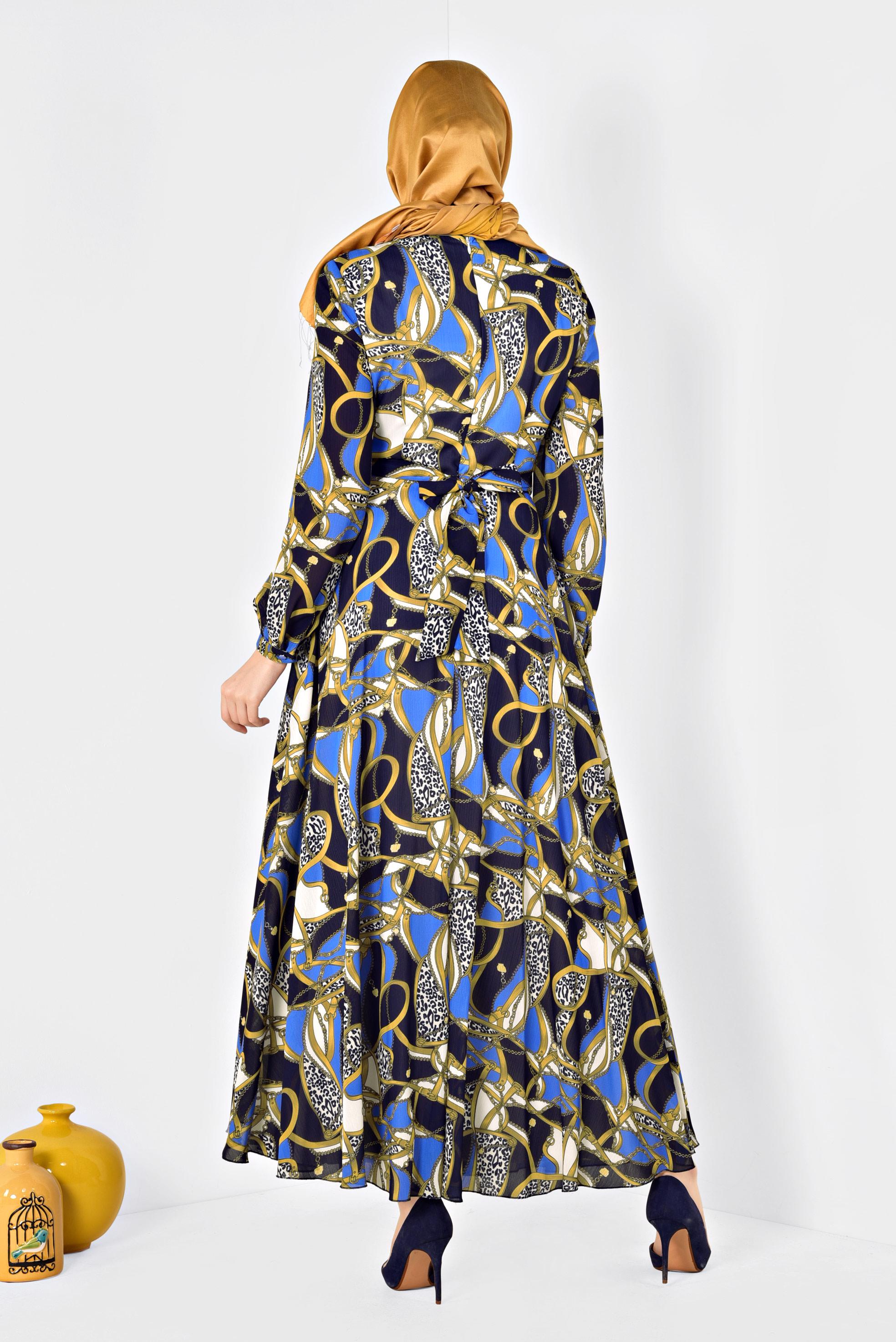 Tesettür giyim LACİVERT DESENLİ BALON KOL ELBİSE 4928