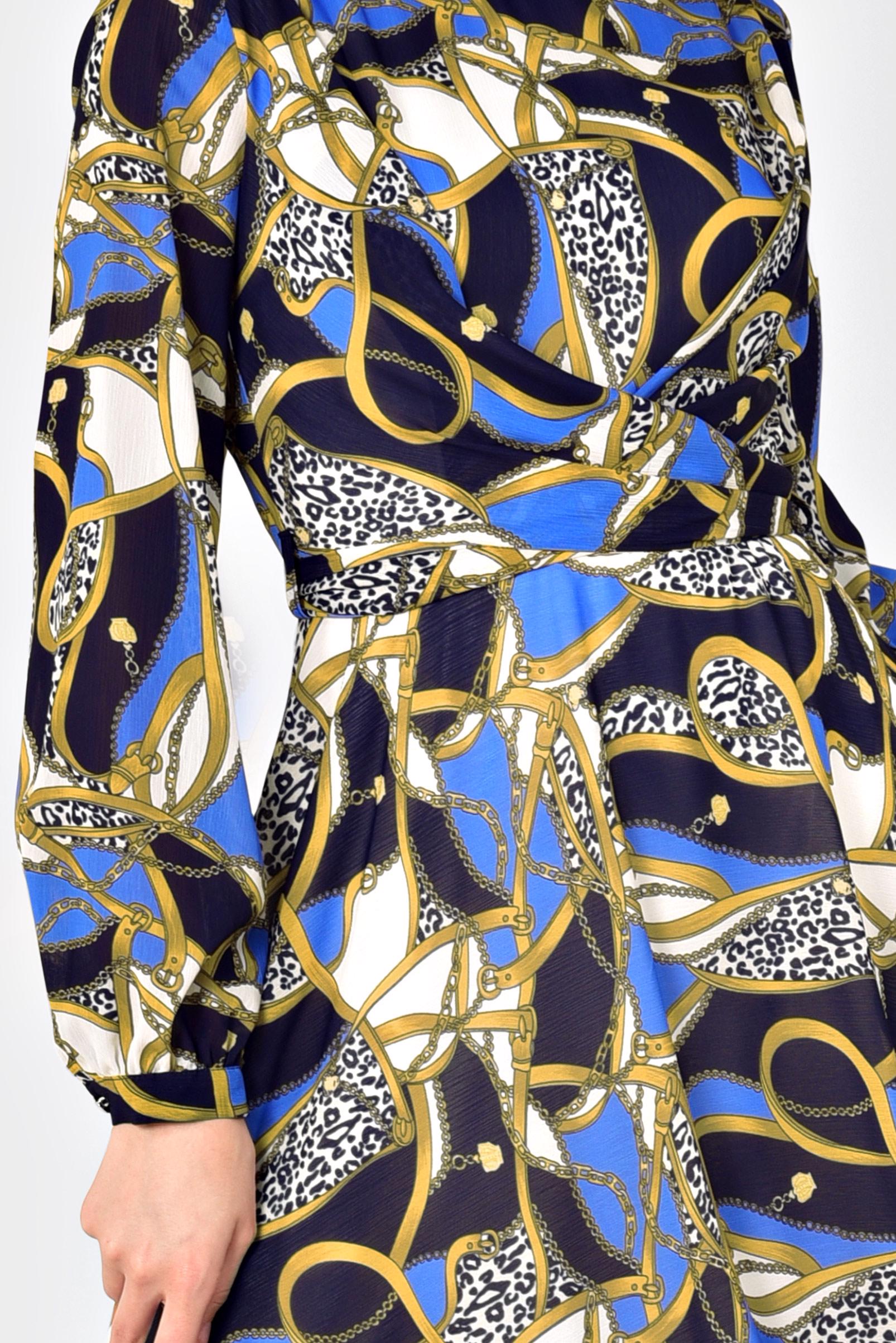 Tesettür giyim LACİVERT DESENLİ BALON KOL ELBİSE 4928