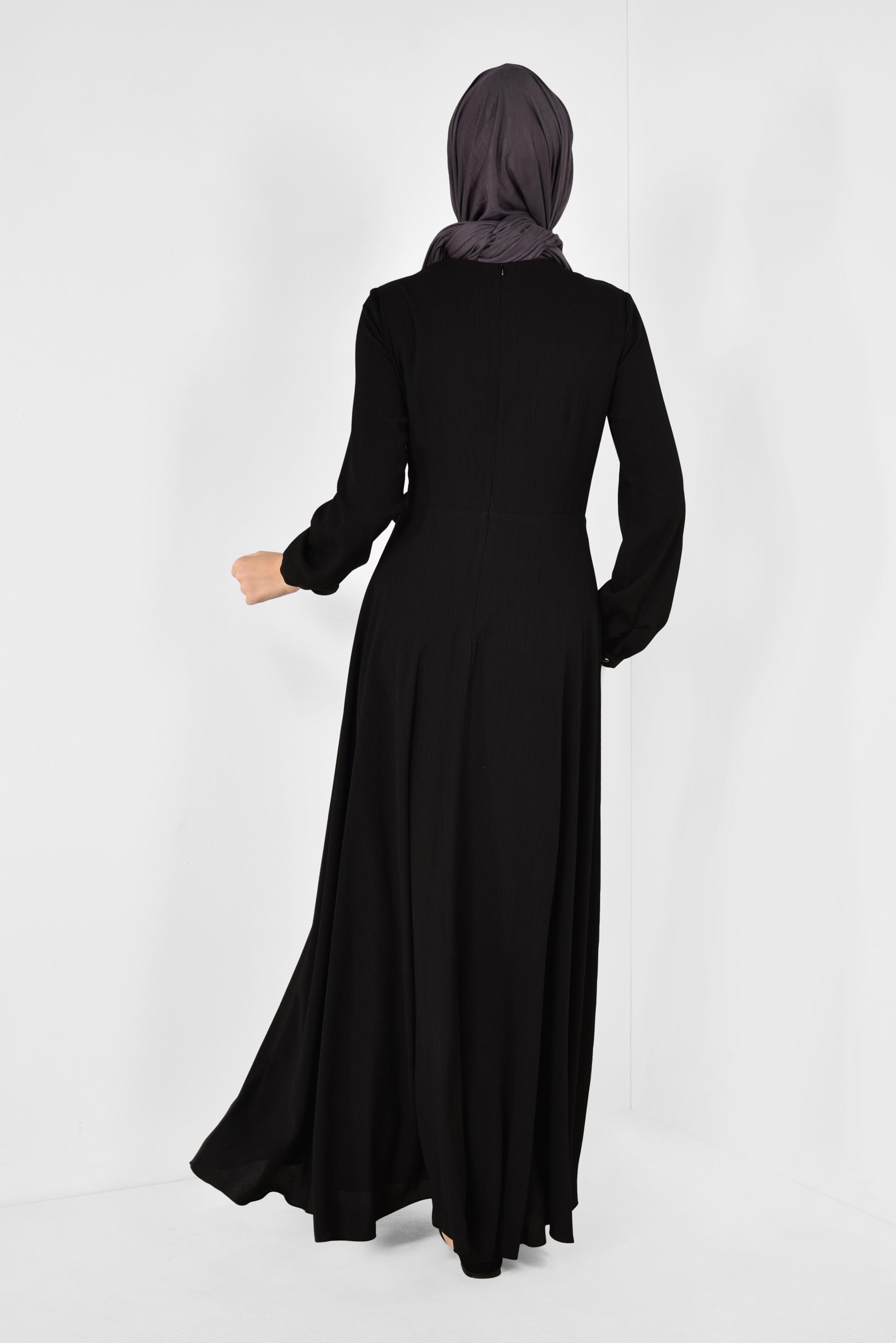 Tesettür giyim SİYAH KUŞAKLI KRUVAZE ELBİSE 4929 
