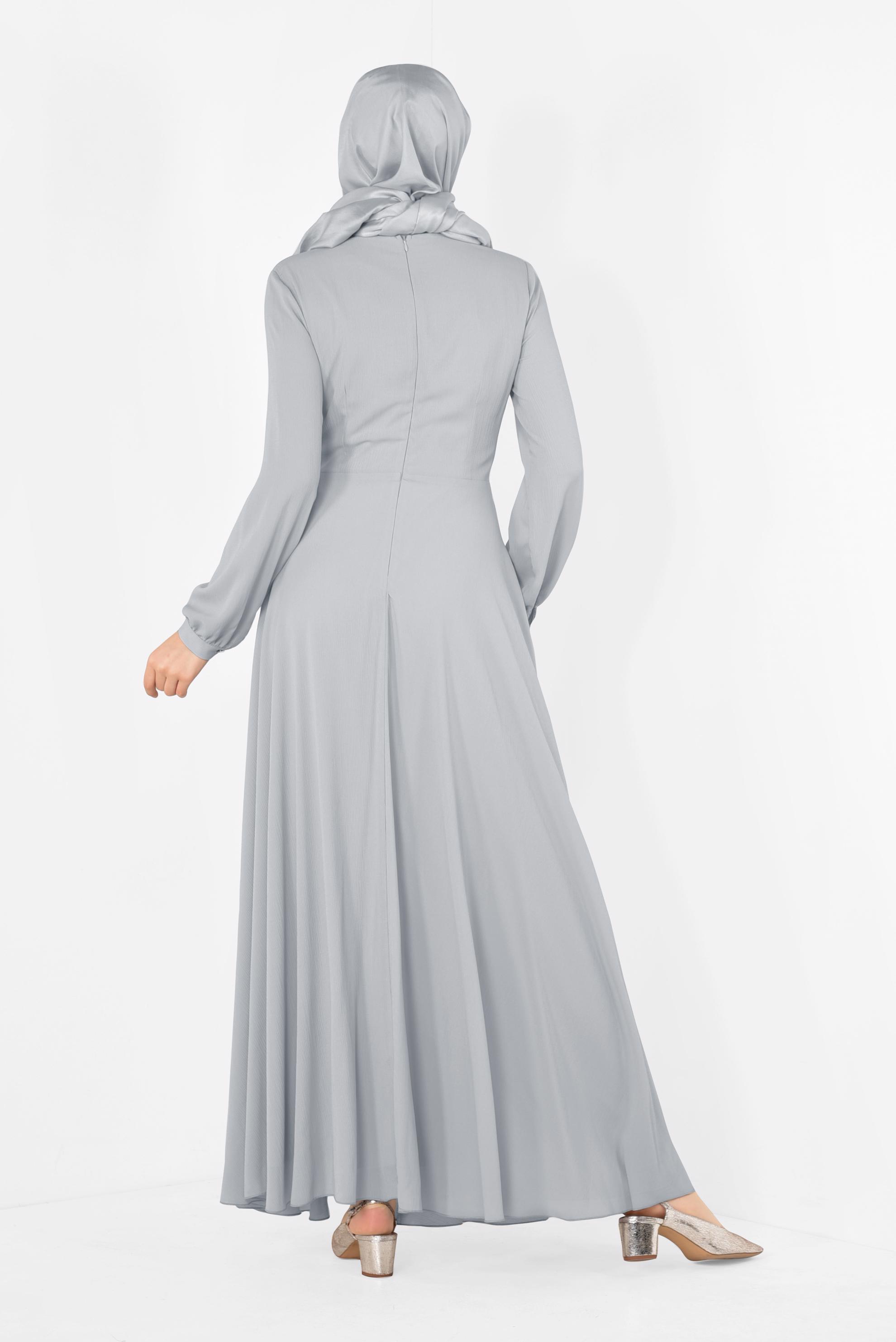 Tesettür giyim GRİ KUŞAKLI KRUVAZE ELBİSE 4929 