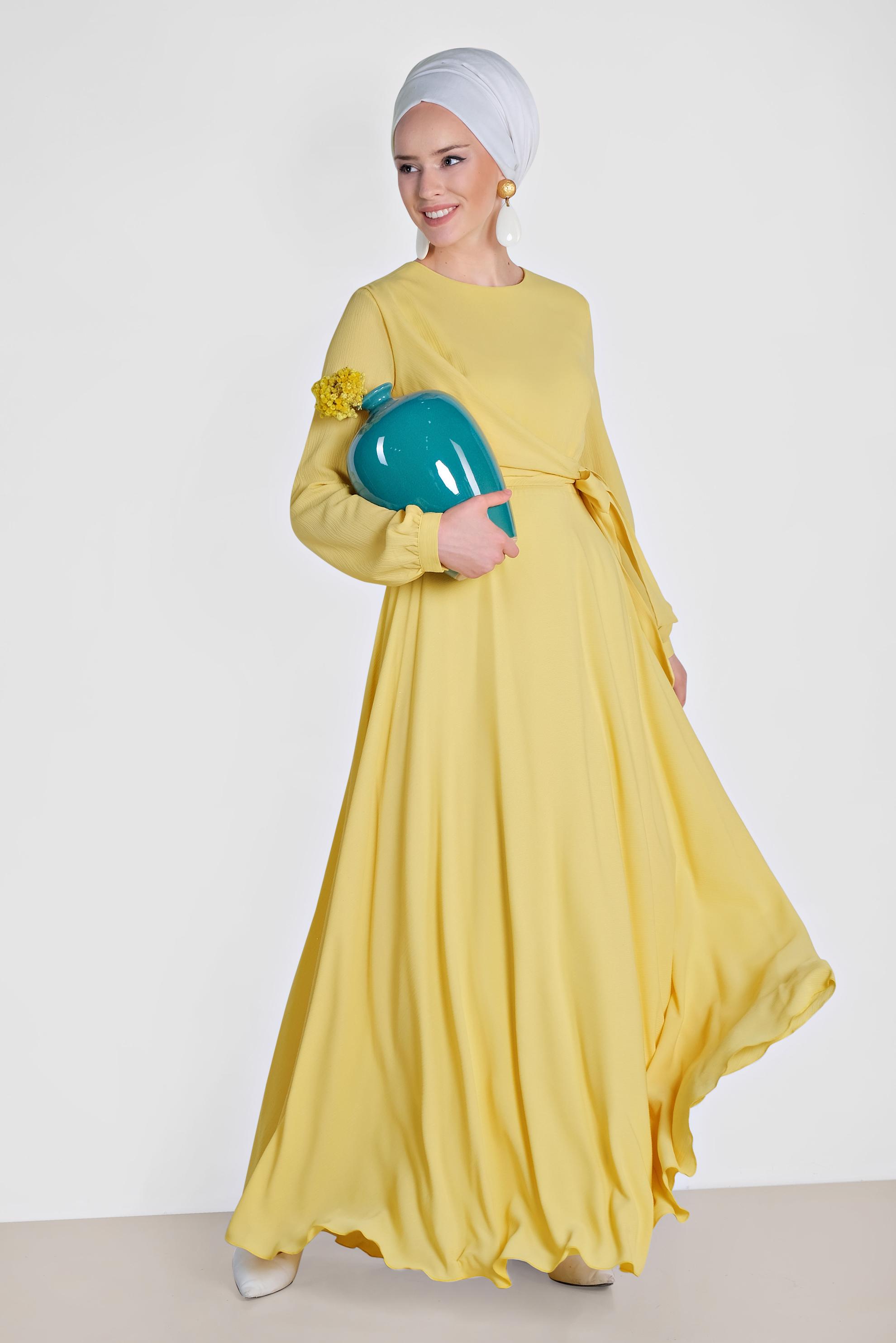 Tesettür giyim SARI KUŞAKLI KRUVAZE ELBİSE 4929 