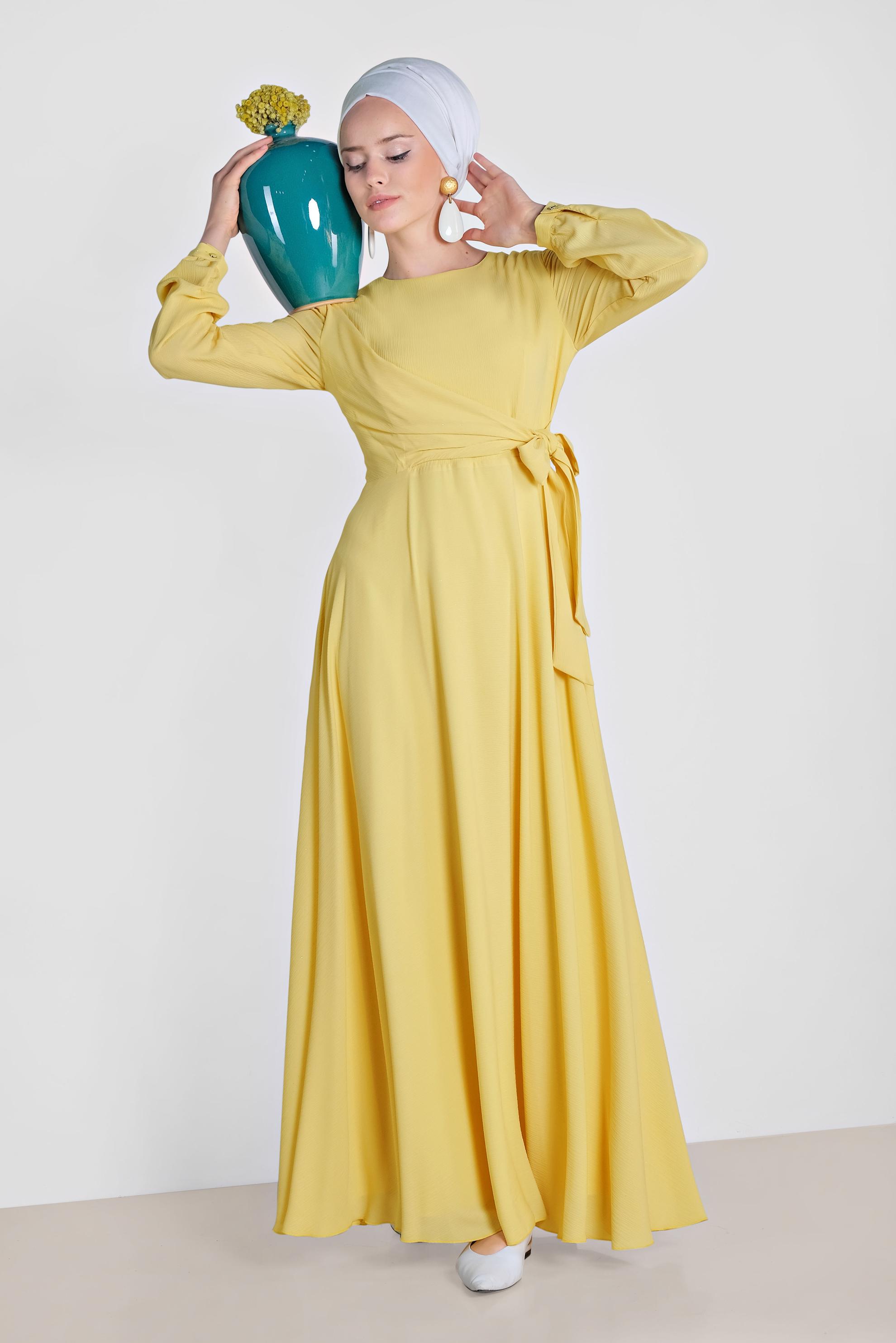 Tesettür giyim SARI KUŞAKLI KRUVAZE ELBİSE 4929 