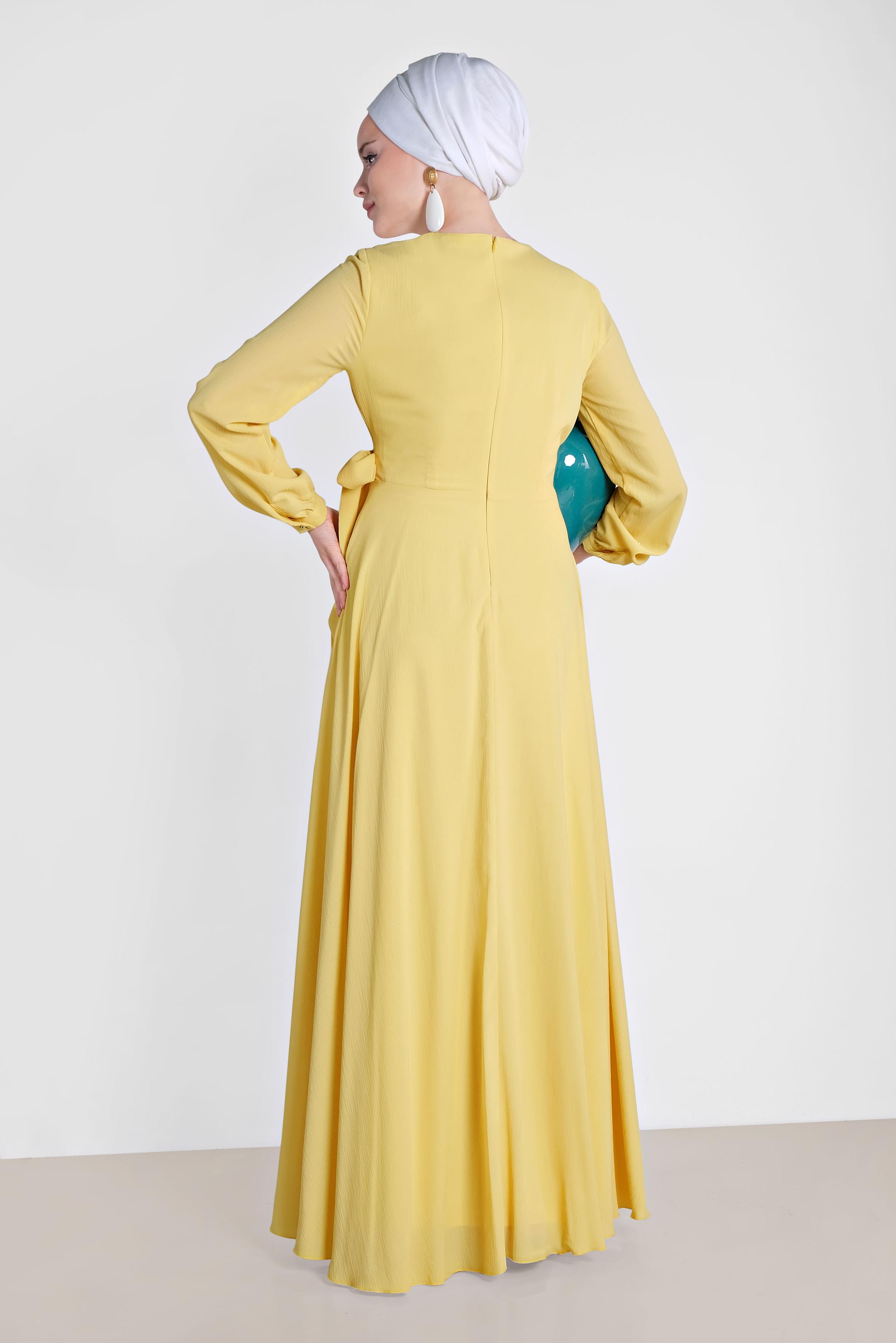 Tesettür giyim SARI KUŞAKLI KRUVAZE ELBİSE 4929 