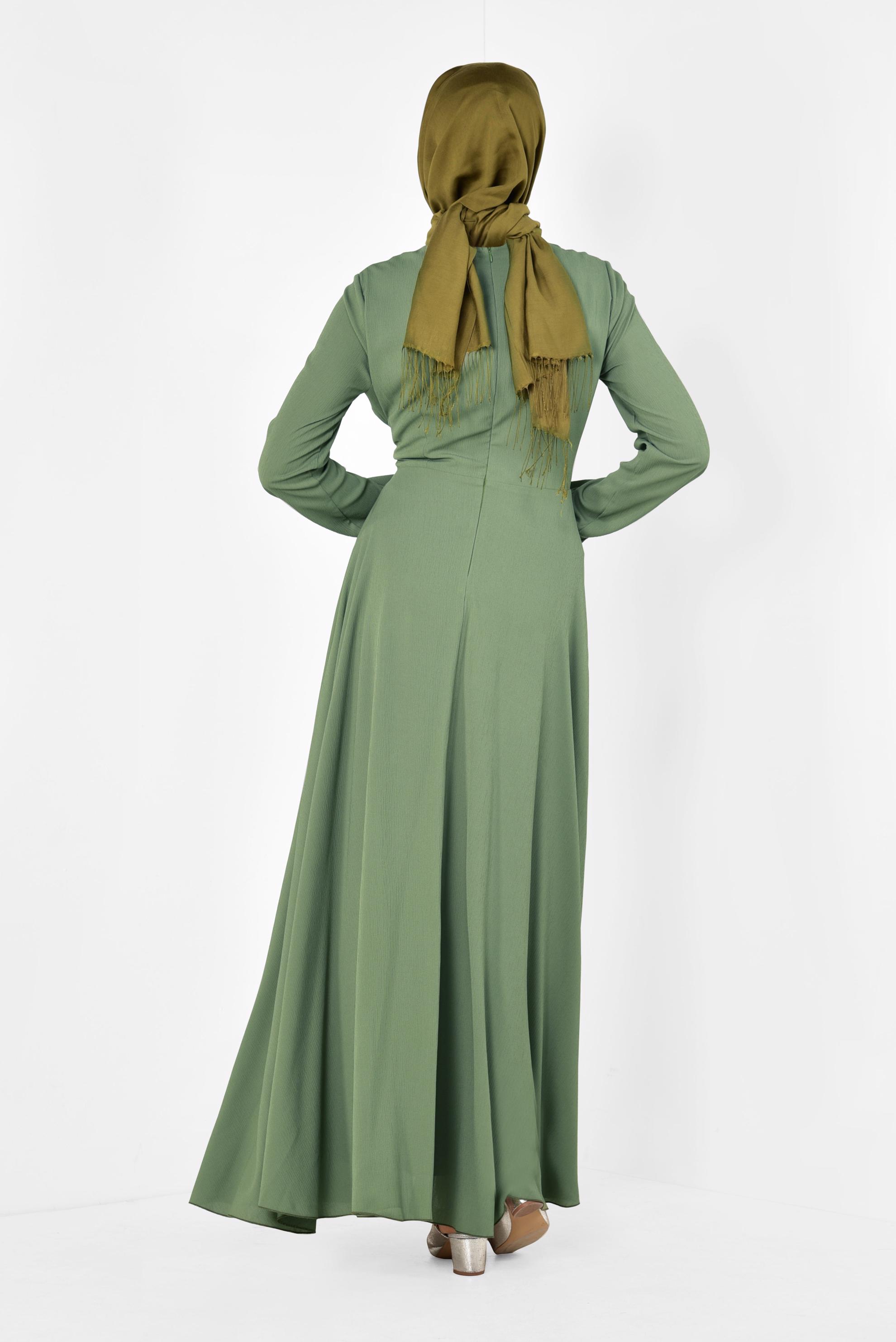 Tesettür giyim HAKİ KUŞAKLI KRUVAZE ELBİSE 4929 