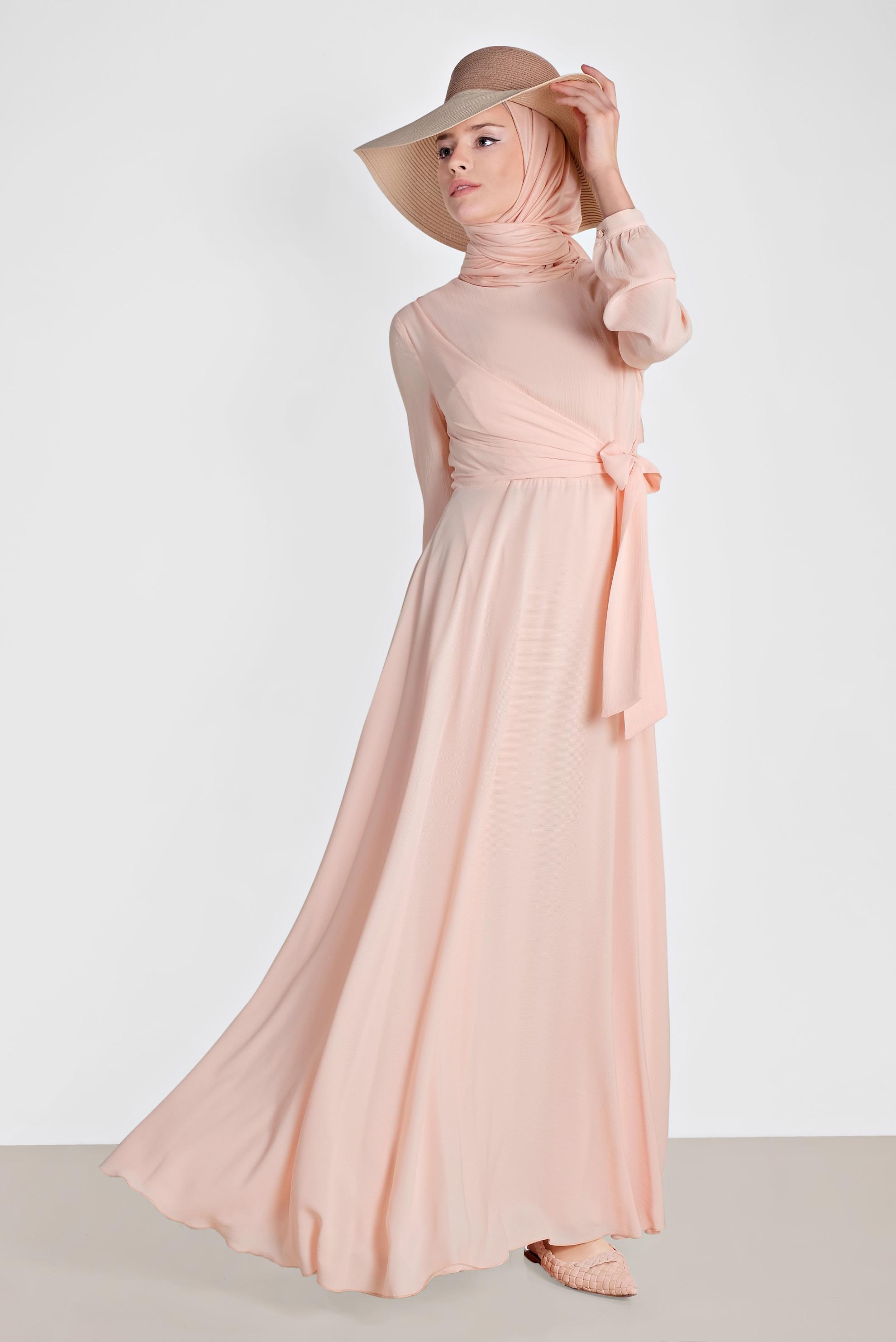 Tesettür giyim PUDRA KUŞAKLI KRUVAZE ELBİSE 4929 