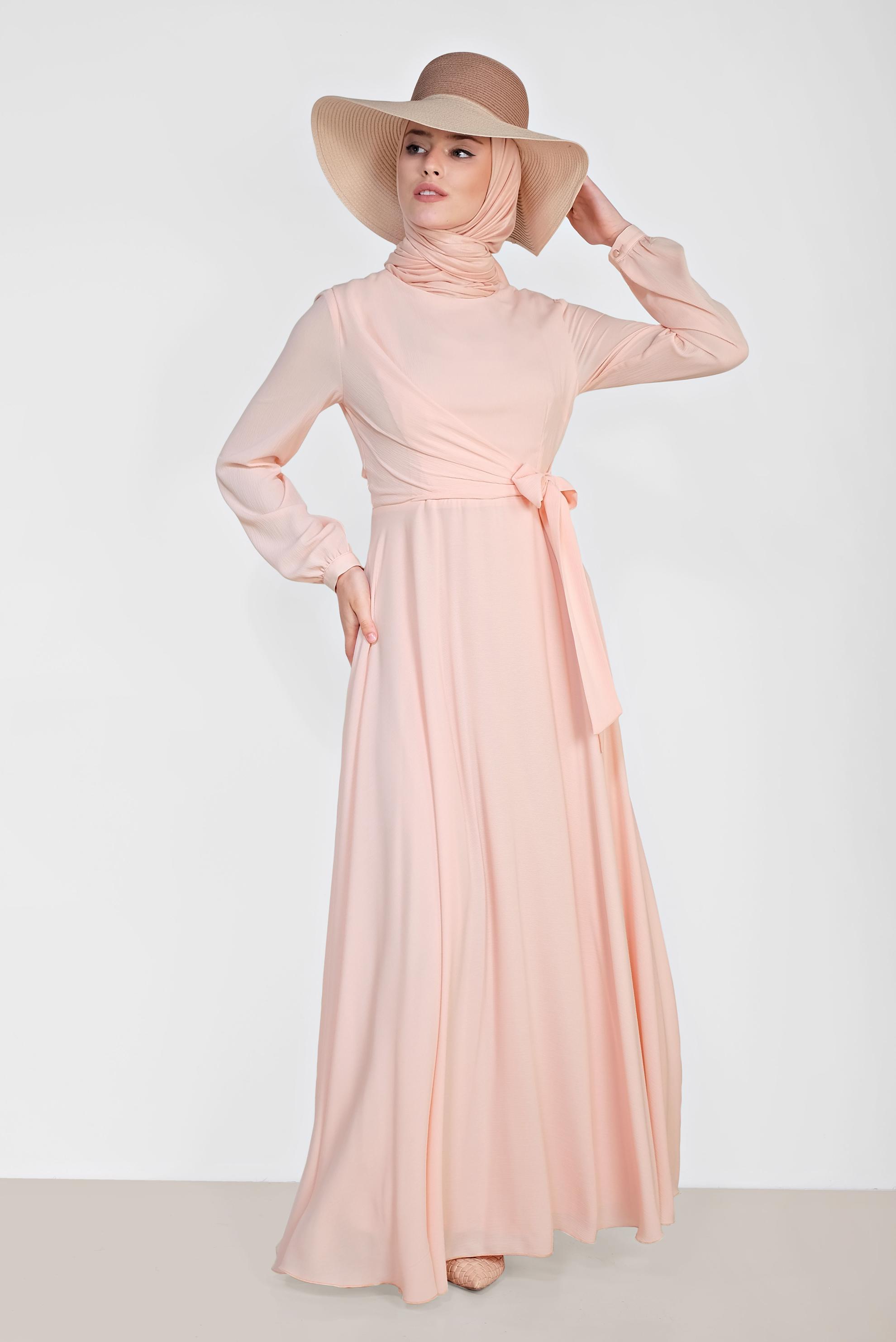 Tesettür giyim PUDRA KUŞAKLI KRUVAZE ELBİSE 4929 