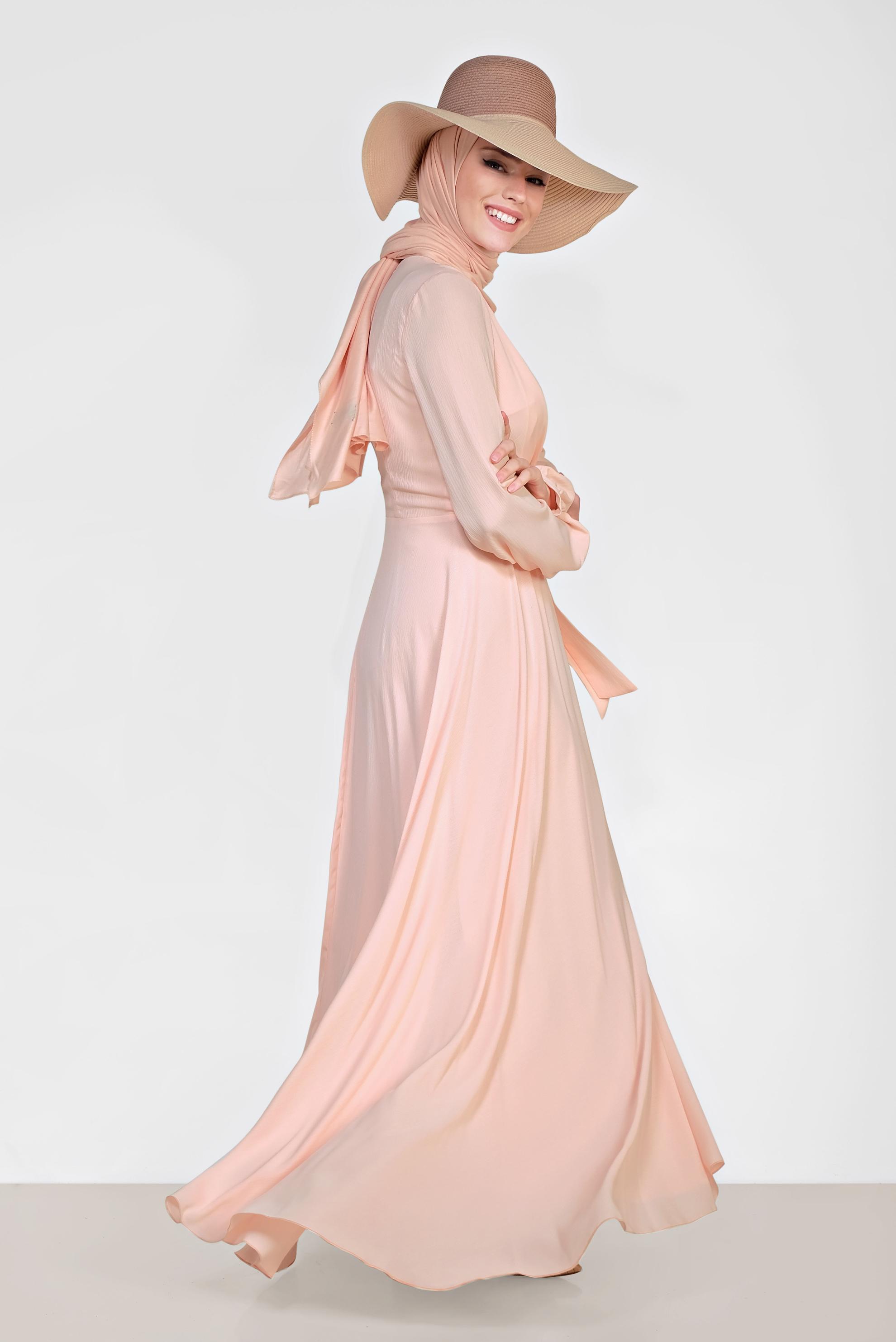 Tesettür giyim PUDRA KUŞAKLI KRUVAZE ELBİSE 4929 