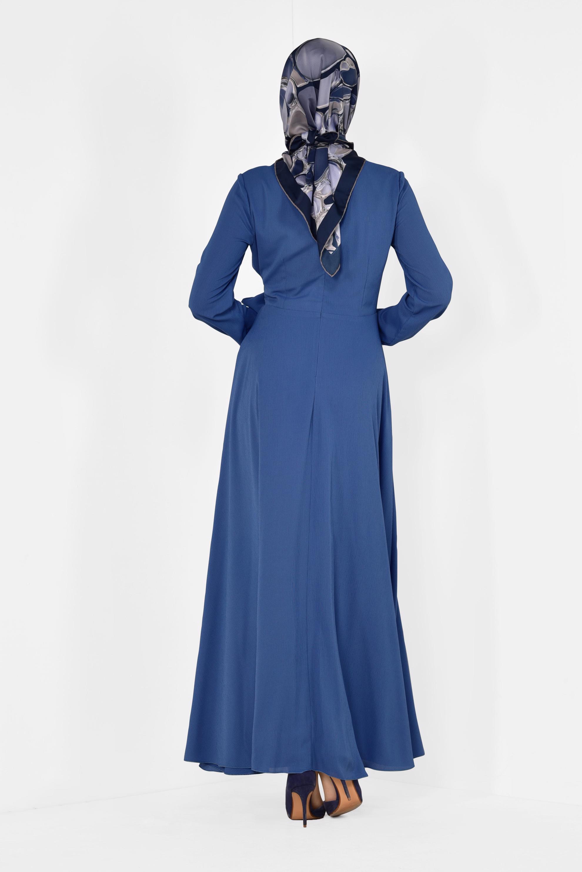 Tesettür giyim LACİVERT KUŞAKLI KRUVAZE ELBİSE 4929 