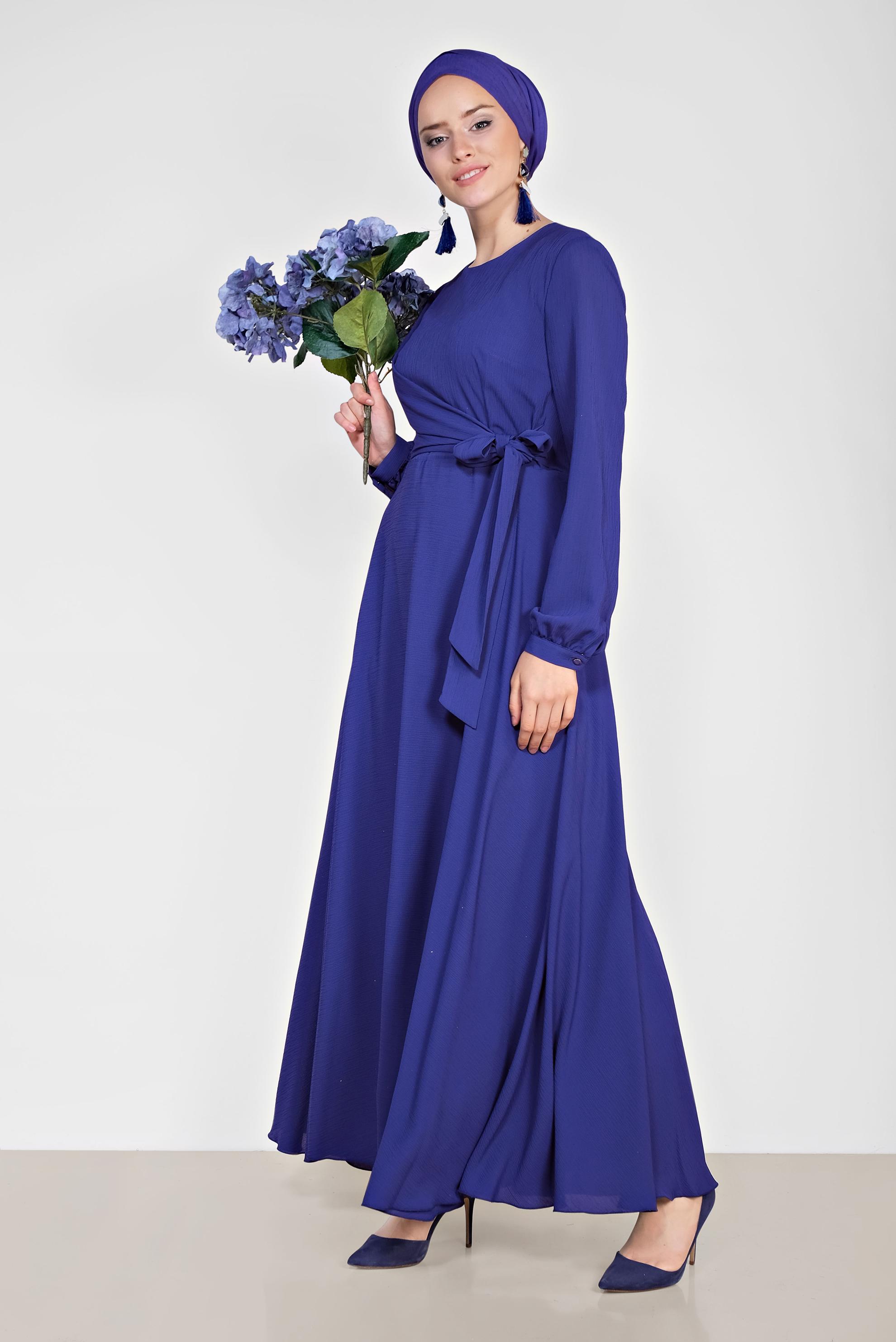 Tesettür giyim LACİVERT KUŞAKLI KRUVAZE ELBİSE 4929 