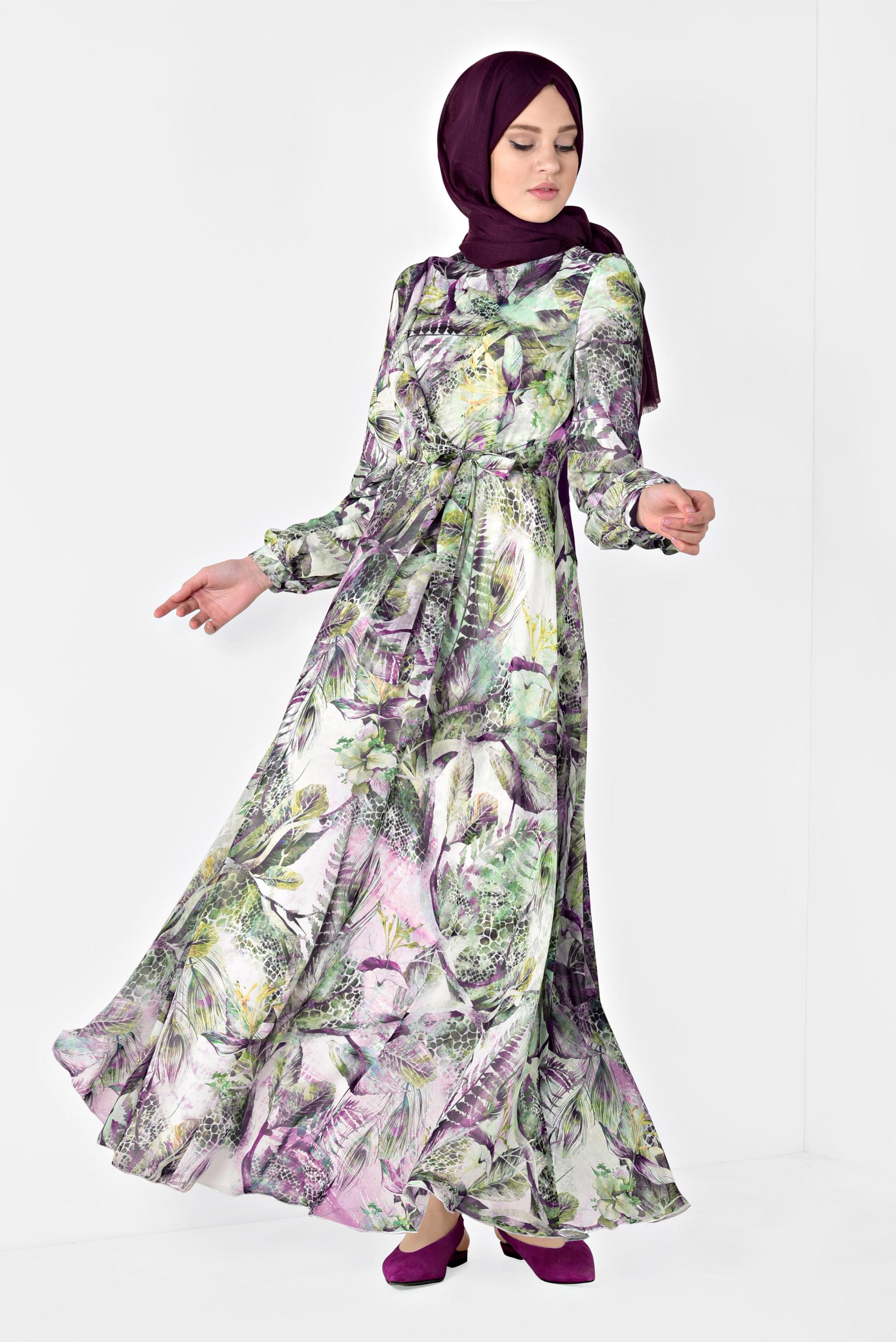 Tesettür giyim MOR FLORAL DESENLİ KUŞAKLI ELBİSE 4930