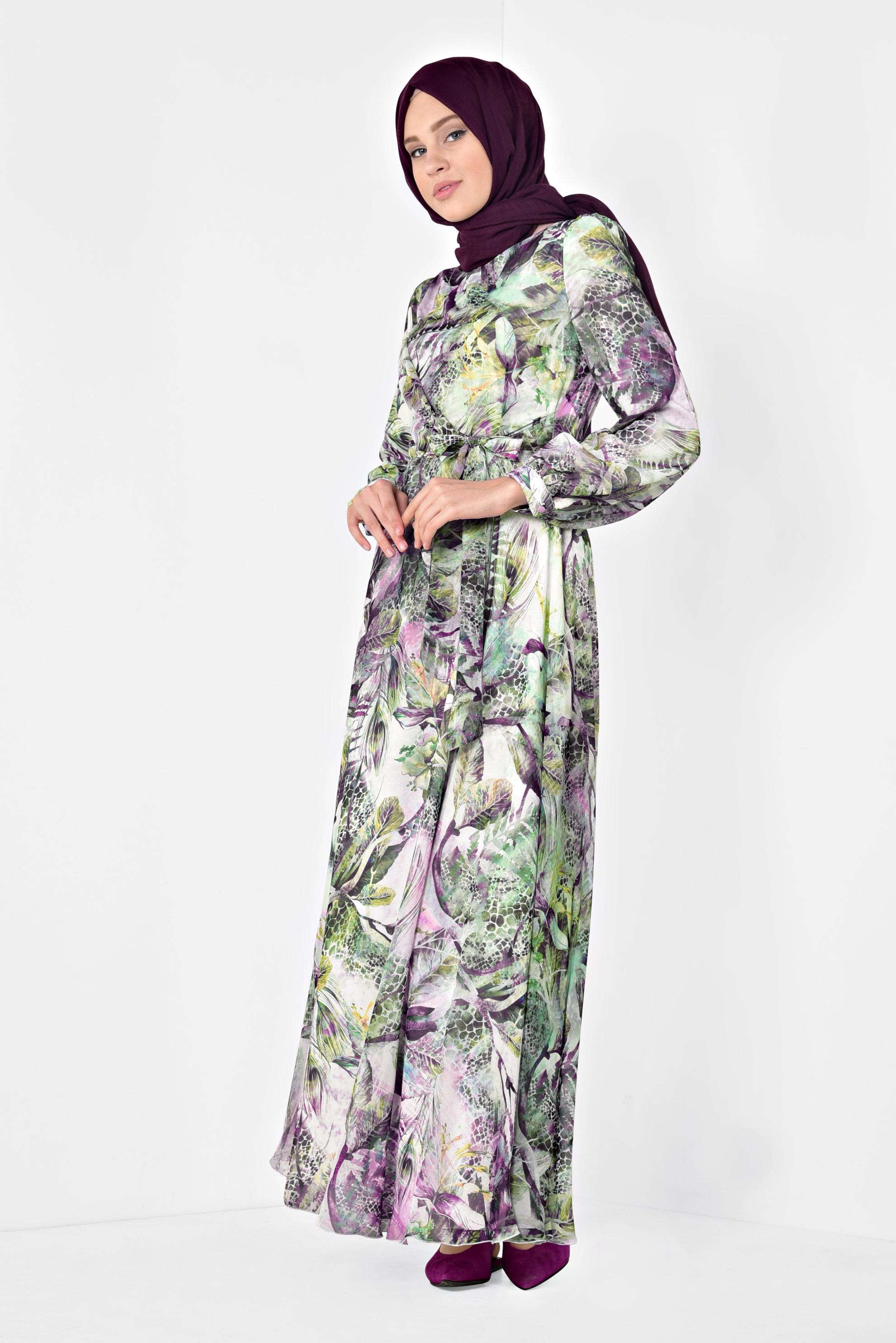 Tesettür giyim MOR FLORAL DESENLİ KUŞAKLI ELBİSE 4930
