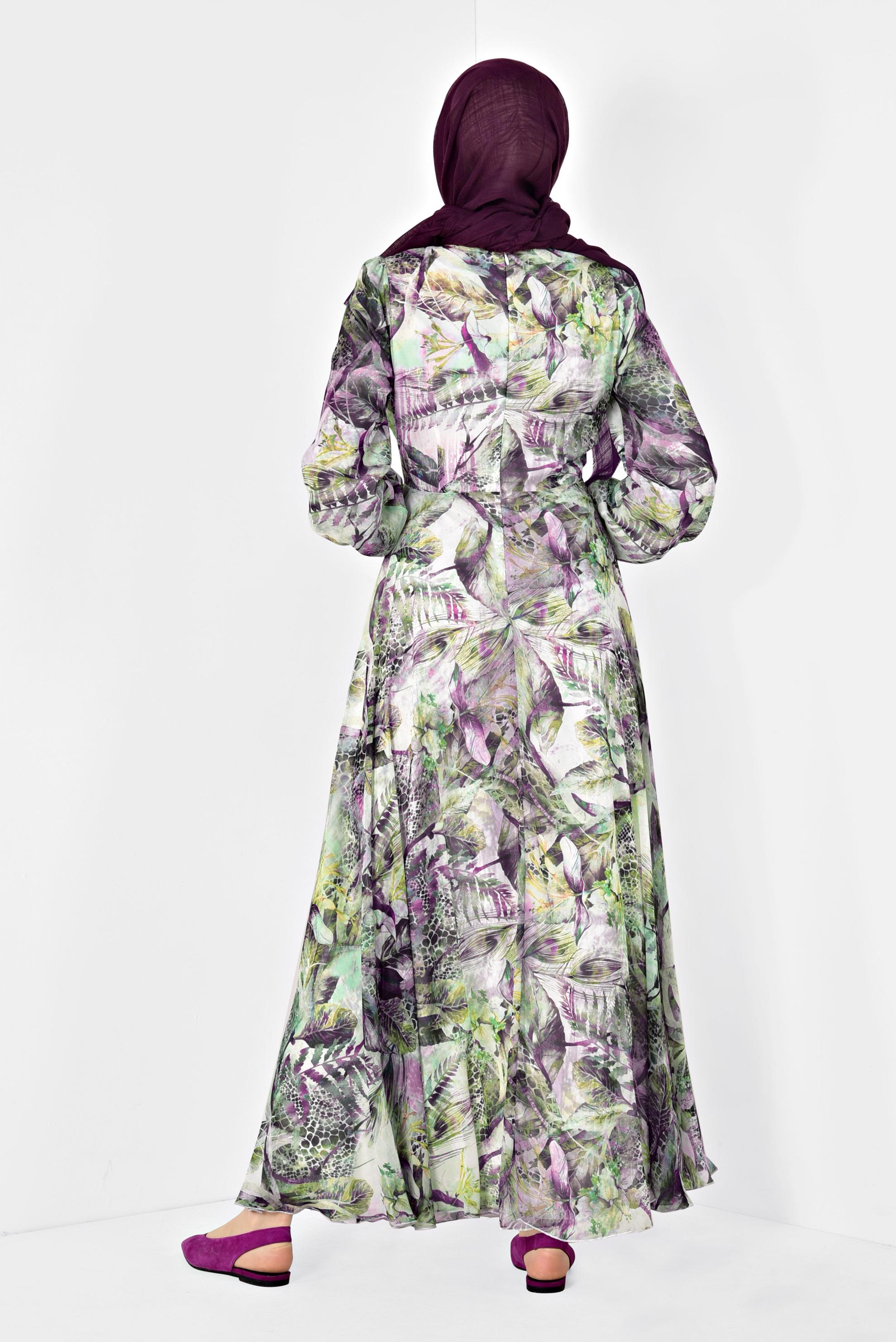 Tesettür giyim MOR FLORAL DESENLİ KUŞAKLI ELBİSE 4930