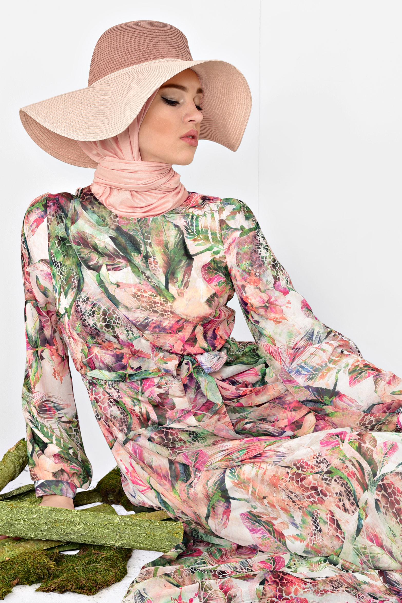 Tesettür giyim FUŞYA FLORAL DESENLİ KUŞAKLI ELBİSE 4930