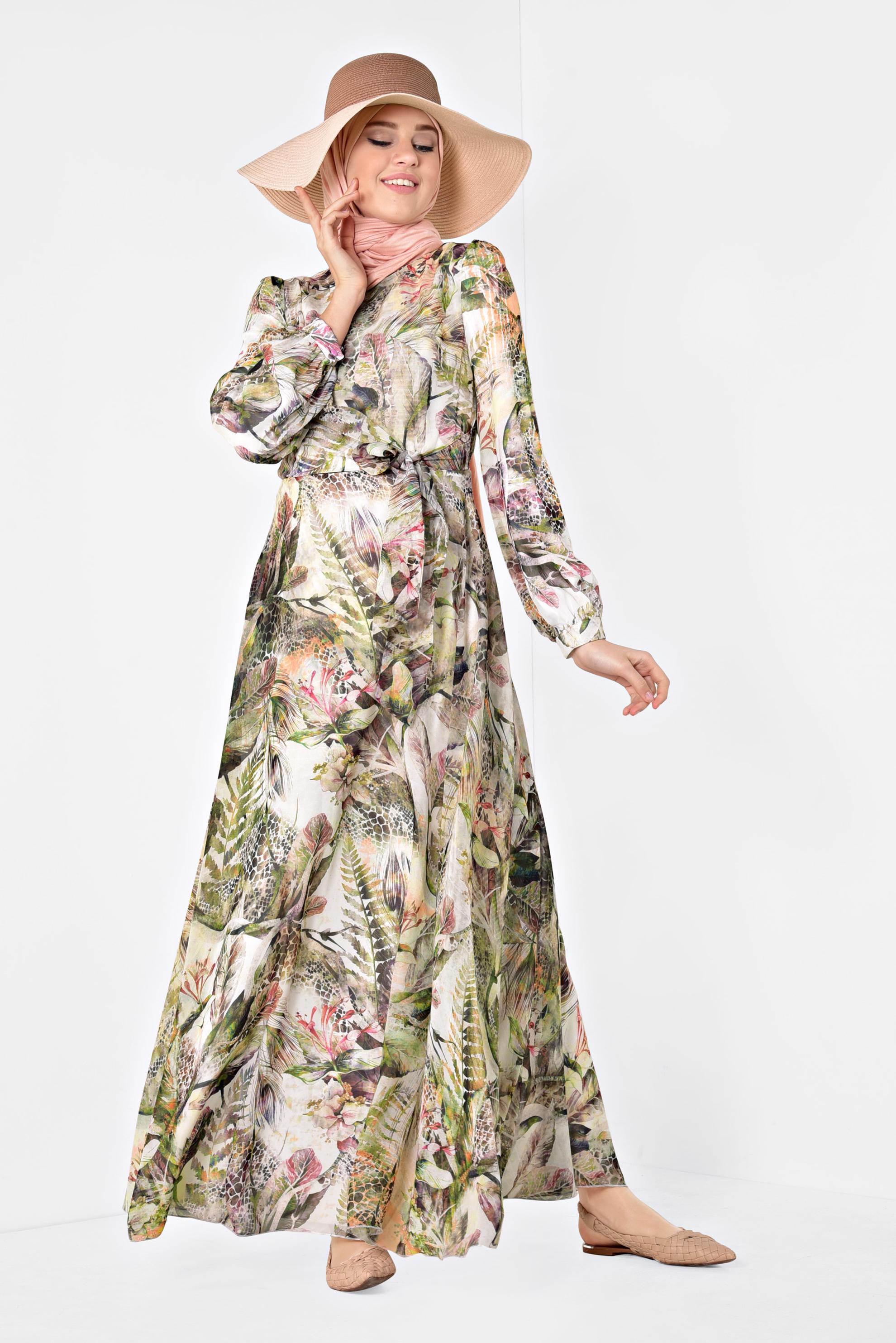 Tesettür giyim HAKİ FLORAL DESENLİ KUŞAKLI ELBİSE 4930