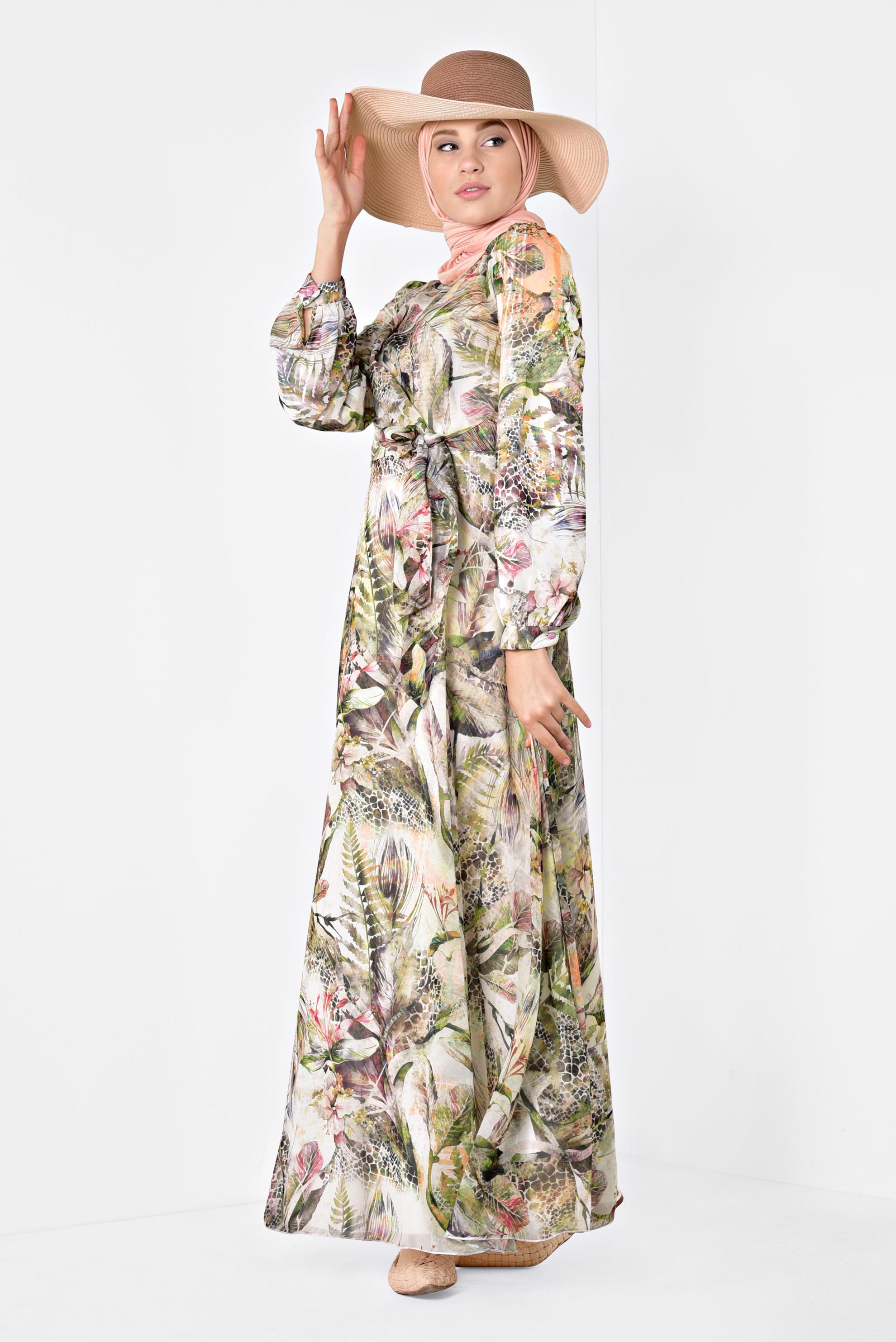 Tesettür giyim HAKİ FLORAL DESENLİ KUŞAKLI ELBİSE 4930