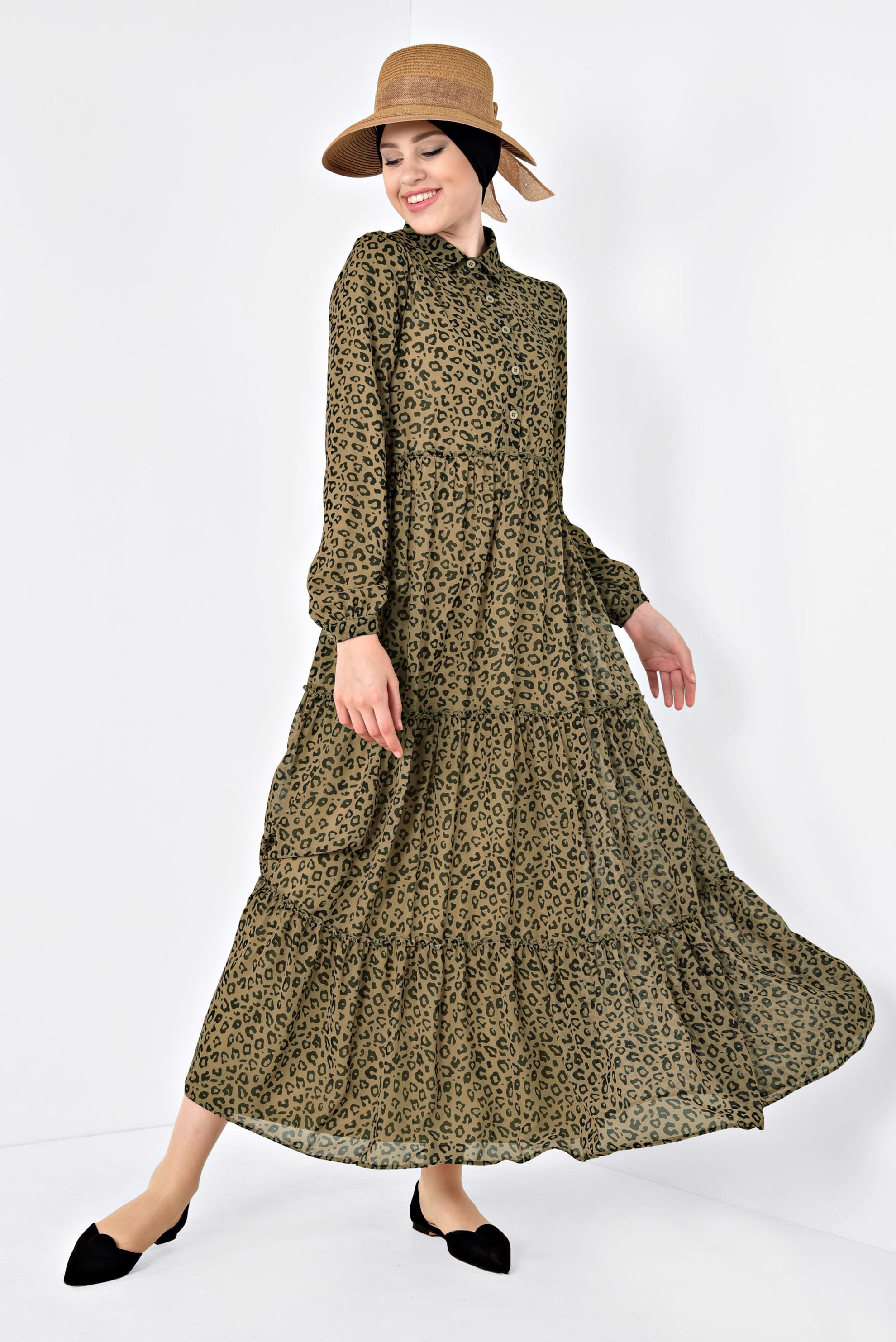 Tesettür giyim KAHVE DESENLİ VE VOLANLI SALAŞ ELBİSE 4933