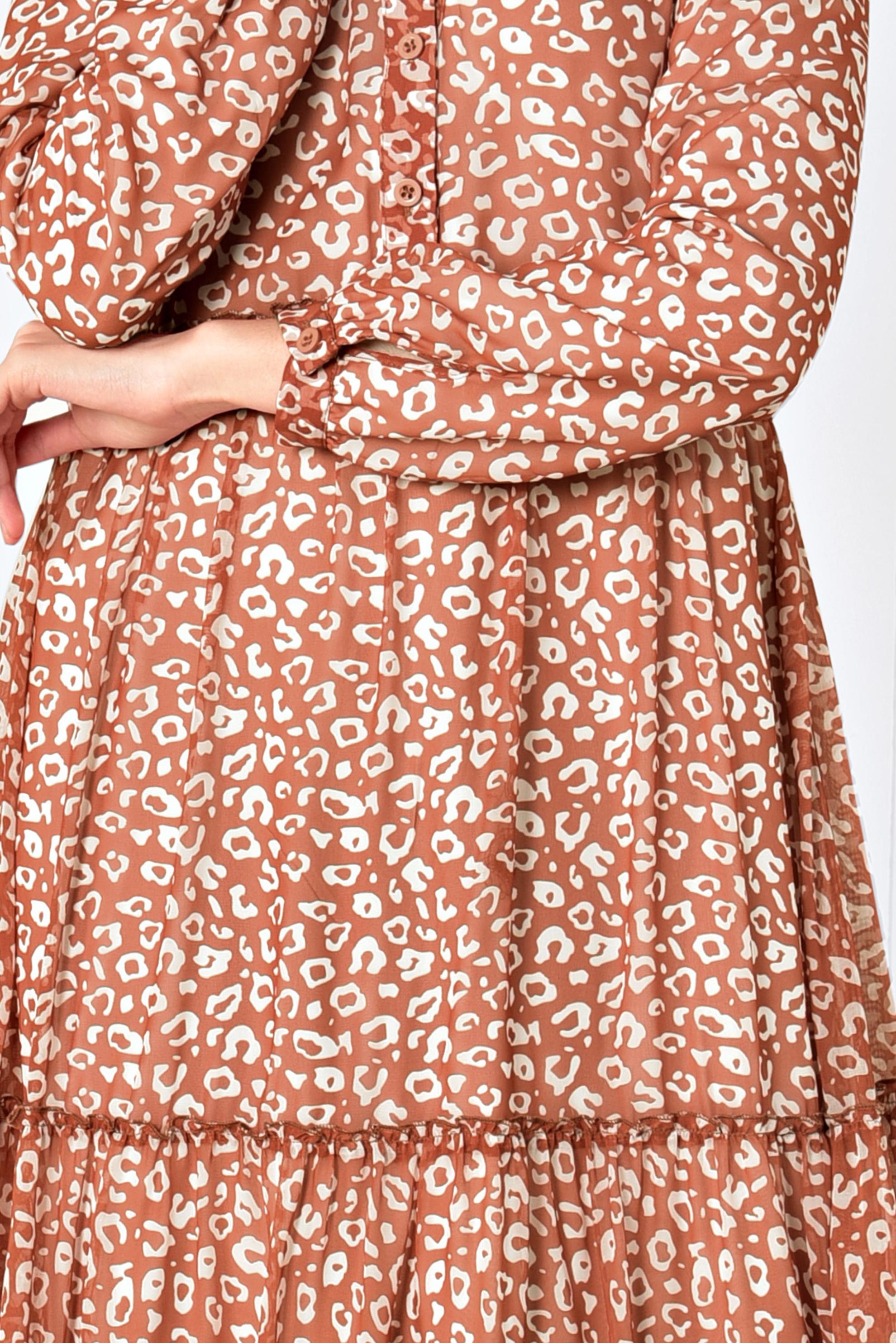 Tesettür giyim TURUNCU DESENLİ VE VOLANLI SALAŞ ELBİSE 4933