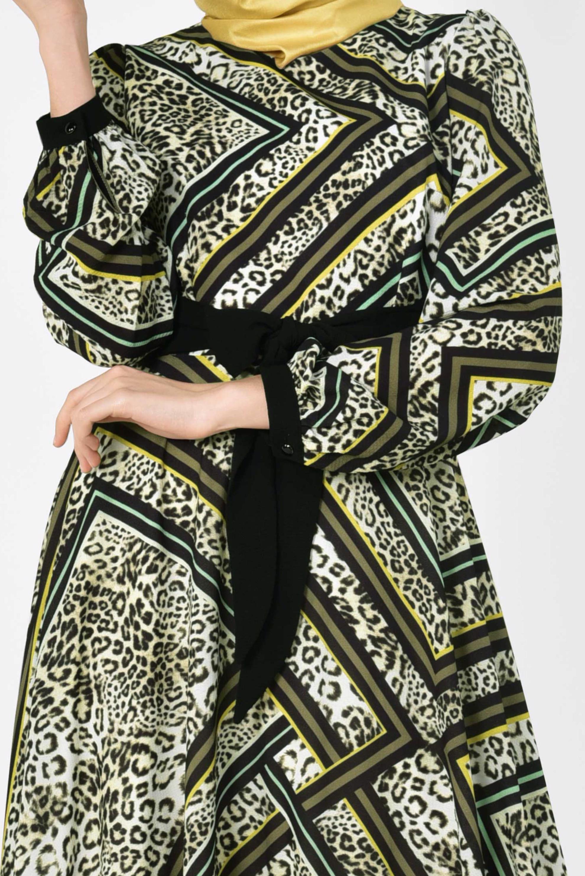 Tesettür giyim HAKİ LEOPAR VE GRAFİK DESENLİ ELBİSE 4944