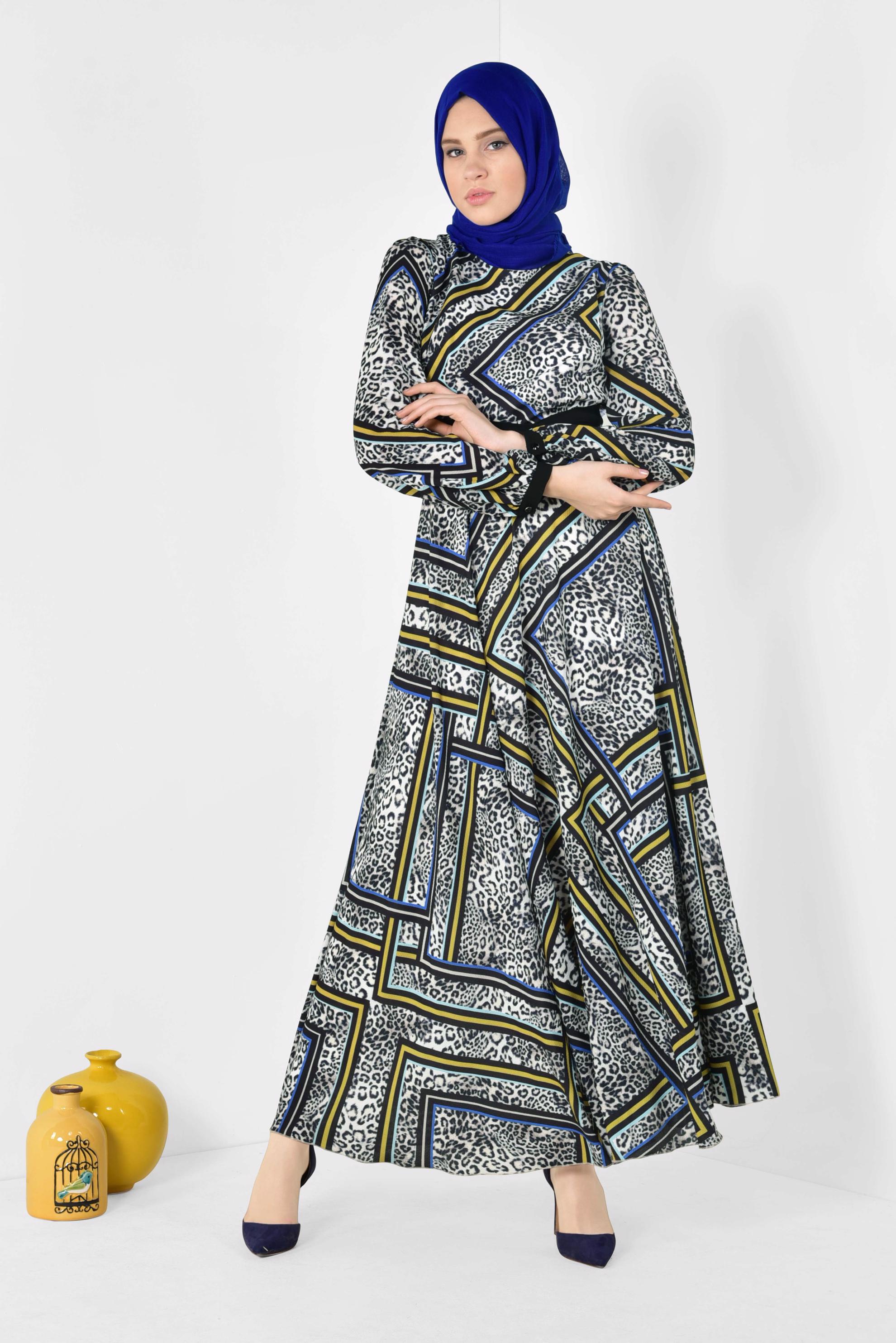 Tesettür giyim GRİ LEOPAR VE GRAFİK DESENLİ ELBİSE 4944