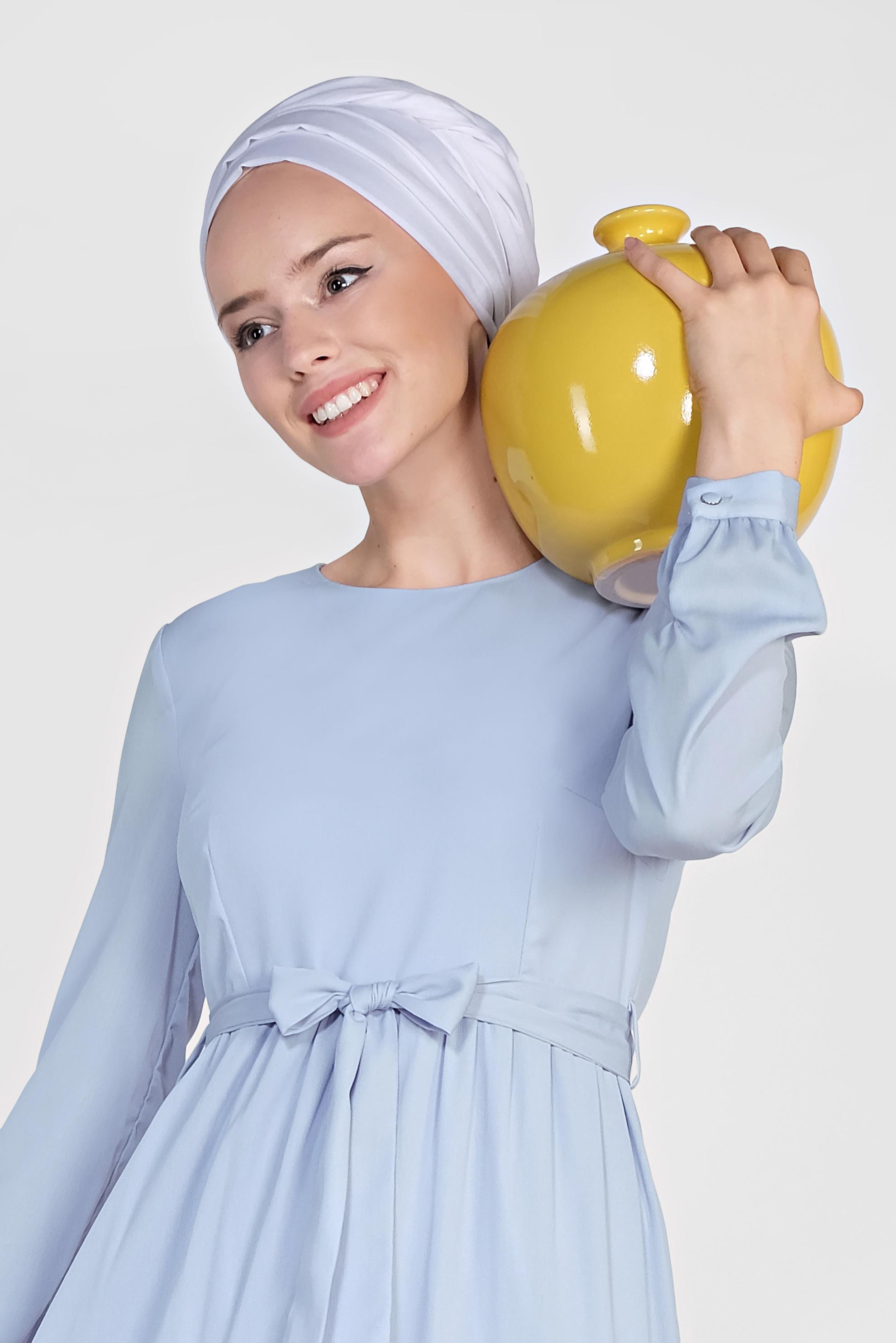 Tesettür giyim MAVİ BELİ BAĞCIKLI NAKIŞLI ELBİSE 4945