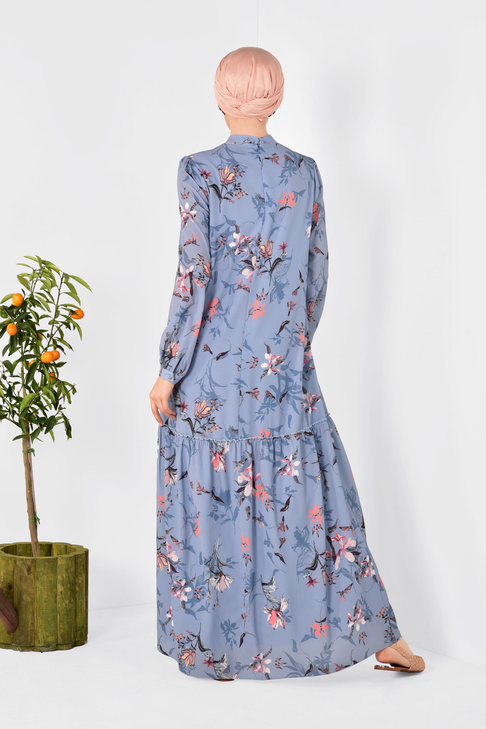 Tesettür giyim MAVİ BOL KESİM ÇİÇEK DESENLİ ELBİSE 4947