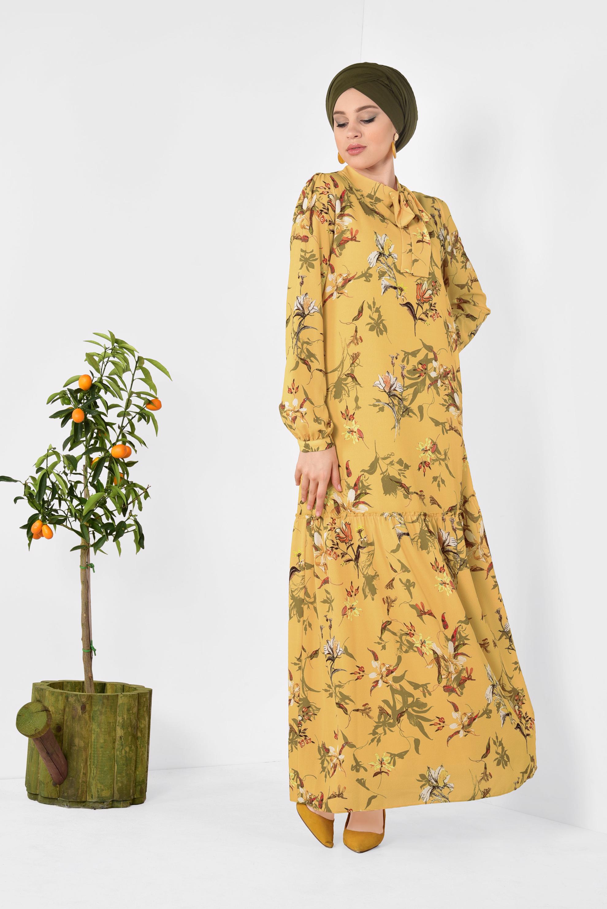 Tesettür giyim SARI BOL KESİM ÇİÇEK DESENLİ ELBİSE 4947