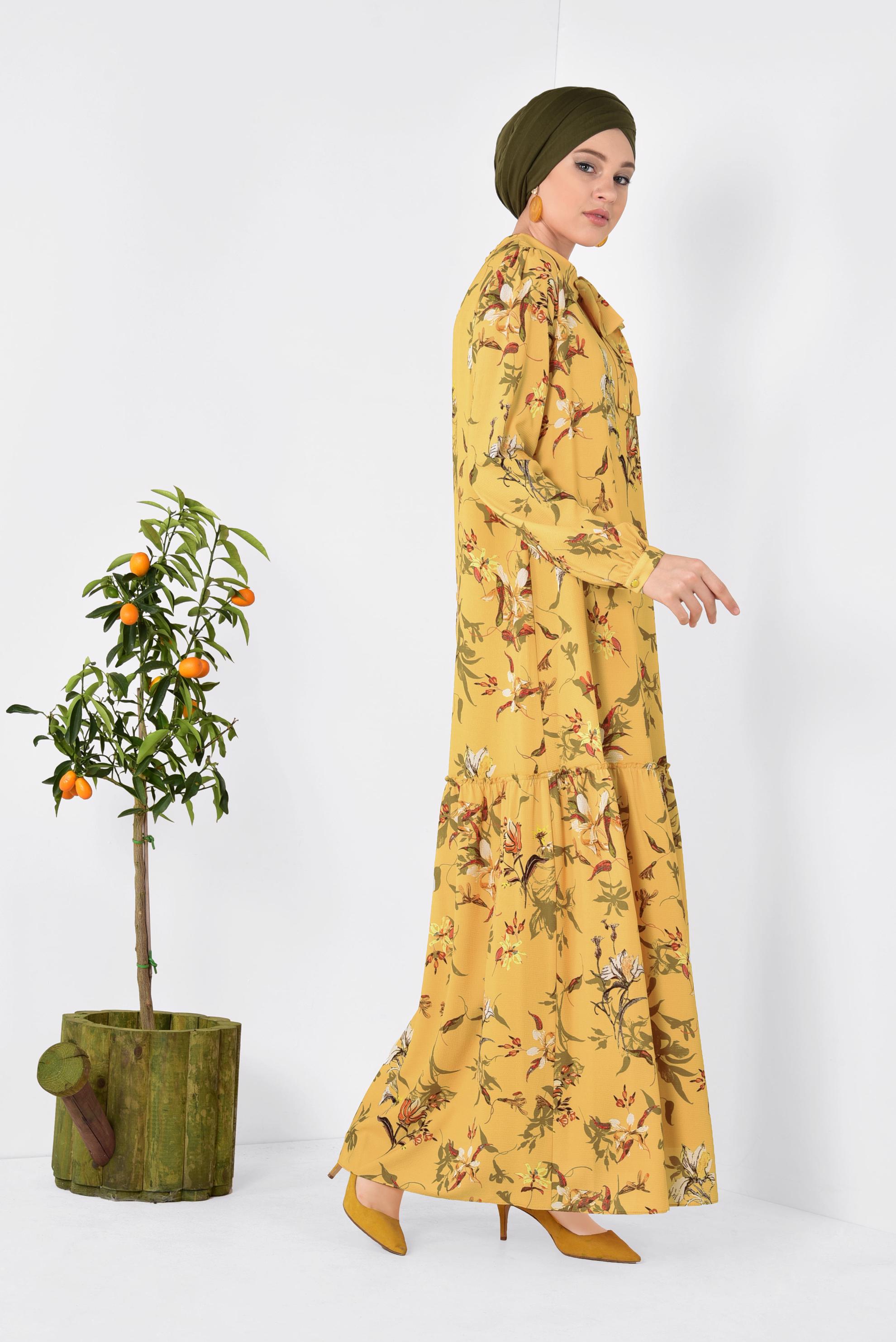Tesettür giyim SARI BOL KESİM ÇİÇEK DESENLİ ELBİSE 4947