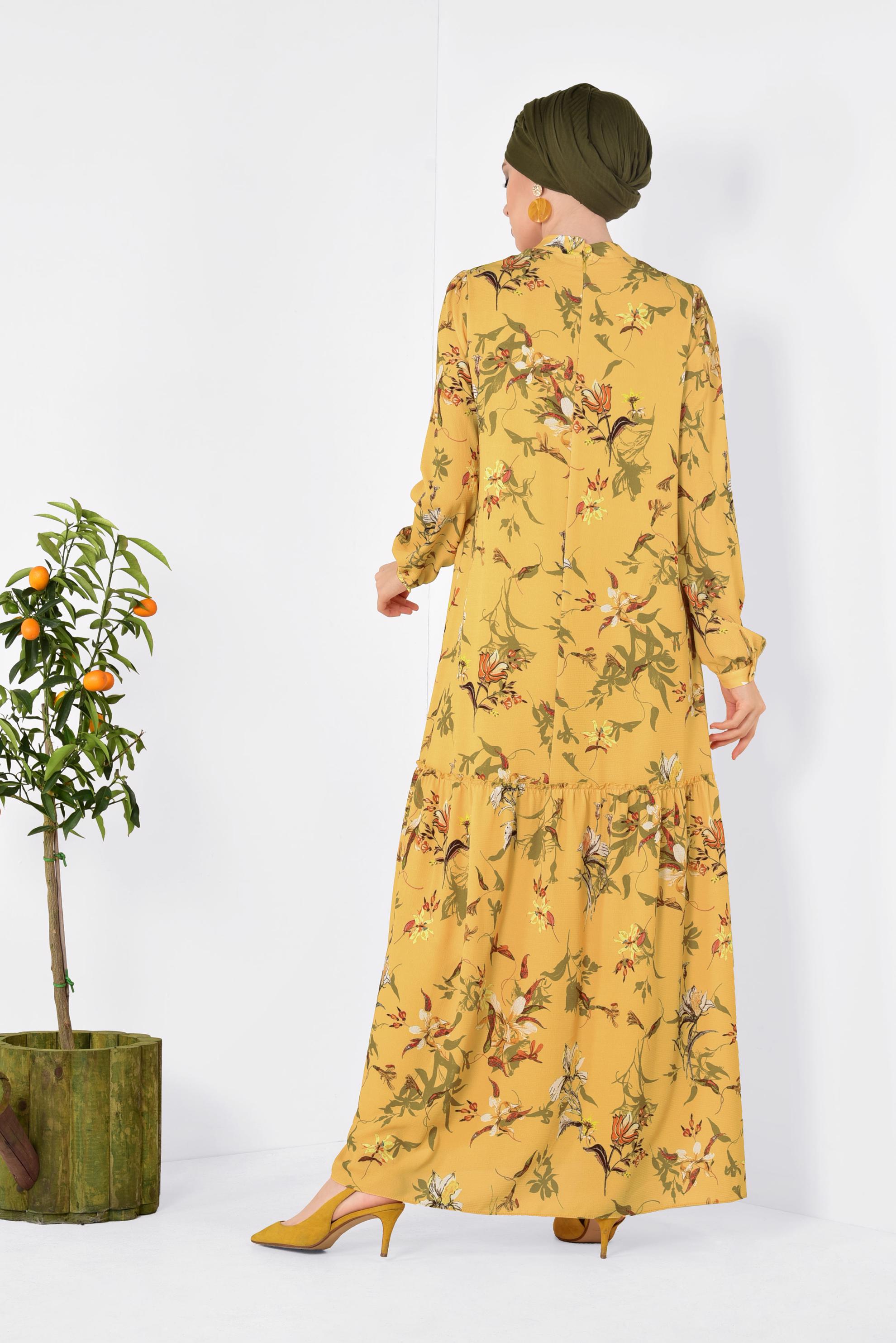 Tesettür giyim SARI BOL KESİM ÇİÇEK DESENLİ ELBİSE 4947