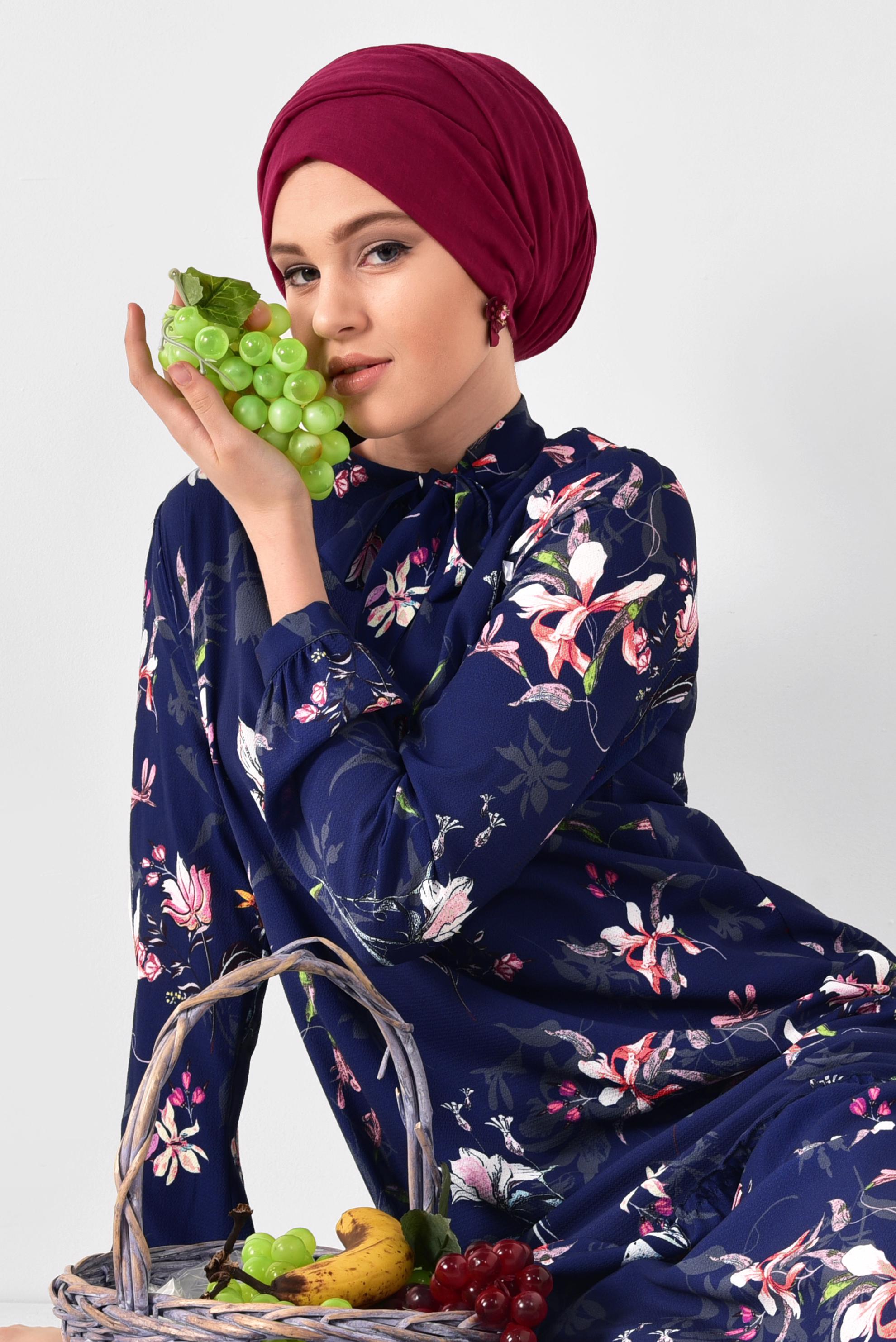 Tesettür giyim LACİVERT BOL KESİM ÇİÇEK DESENLİ ELBİSE 4947