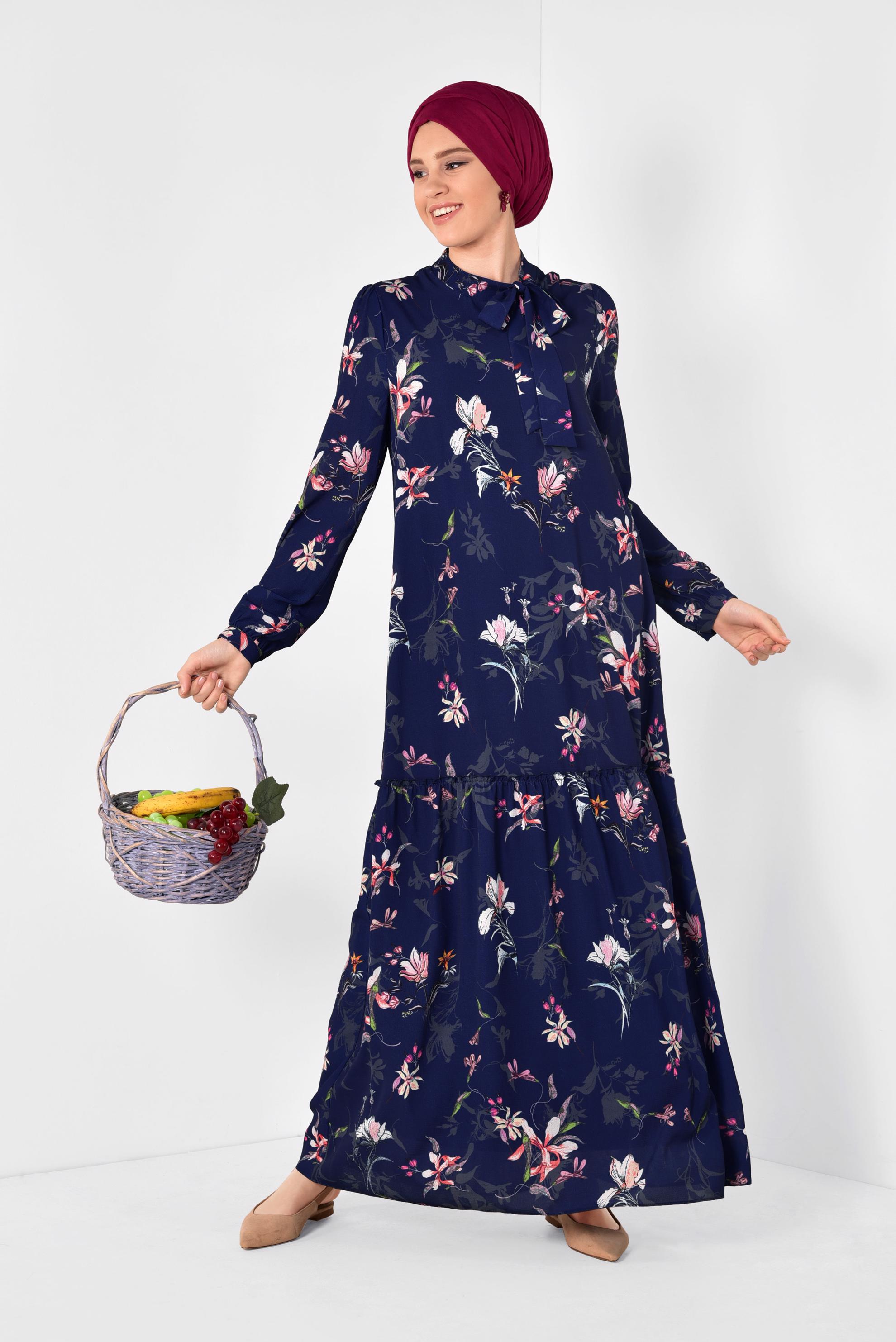 Tesettür giyim LACİVERT BOL KESİM ÇİÇEK DESENLİ ELBİSE 4947