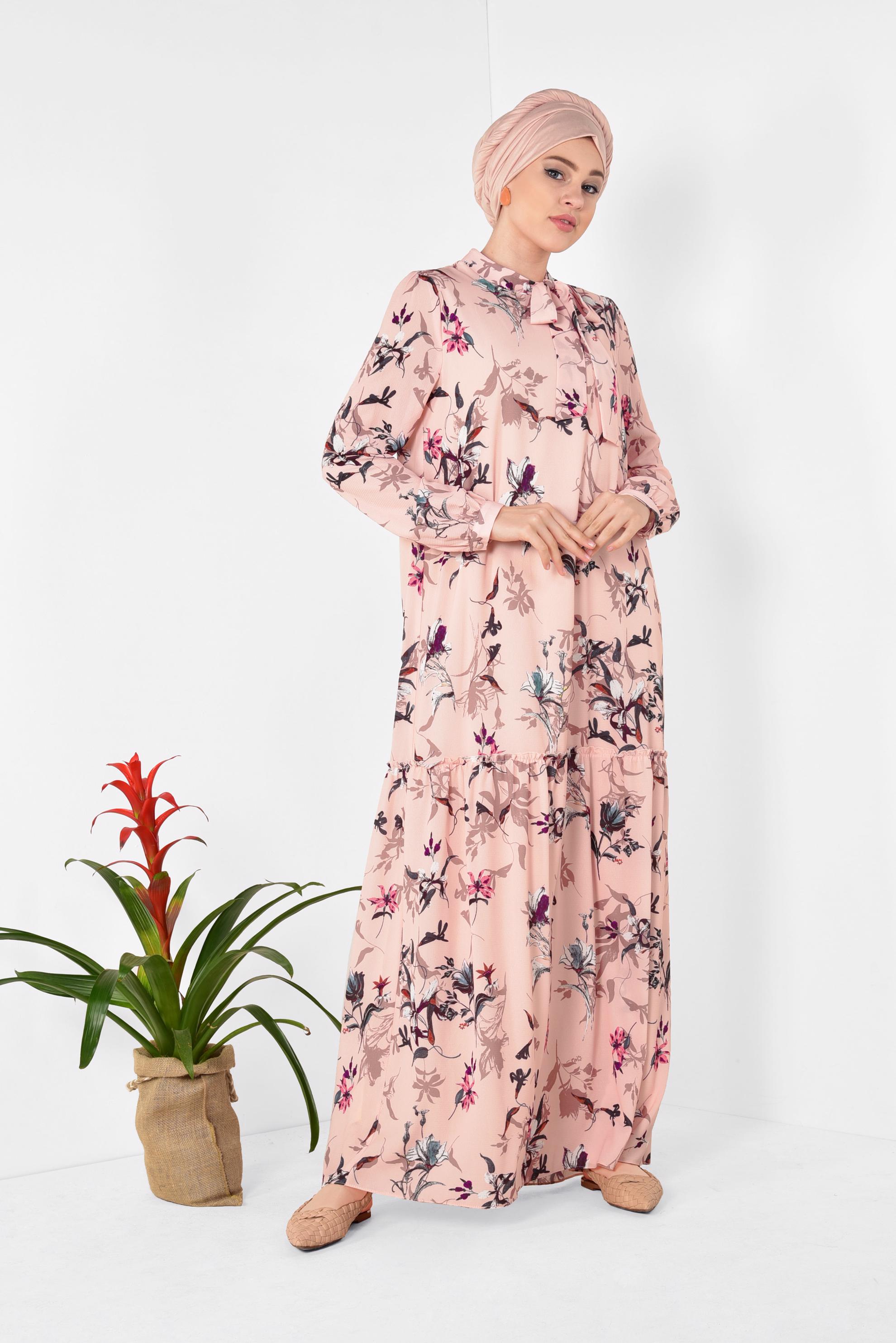 Tesettür giyim PUDRA BOL KESİM ÇİÇEK DESENLİ ELBİSE 4947